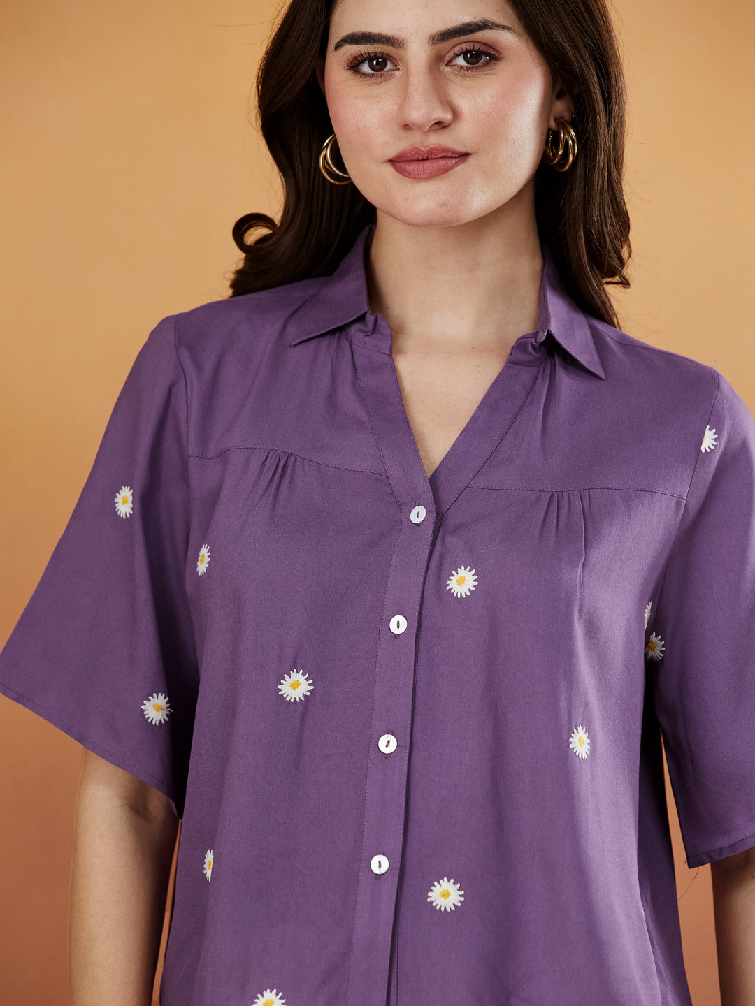 Women's Dark Purple Rayon Embroidered Oversize shirt