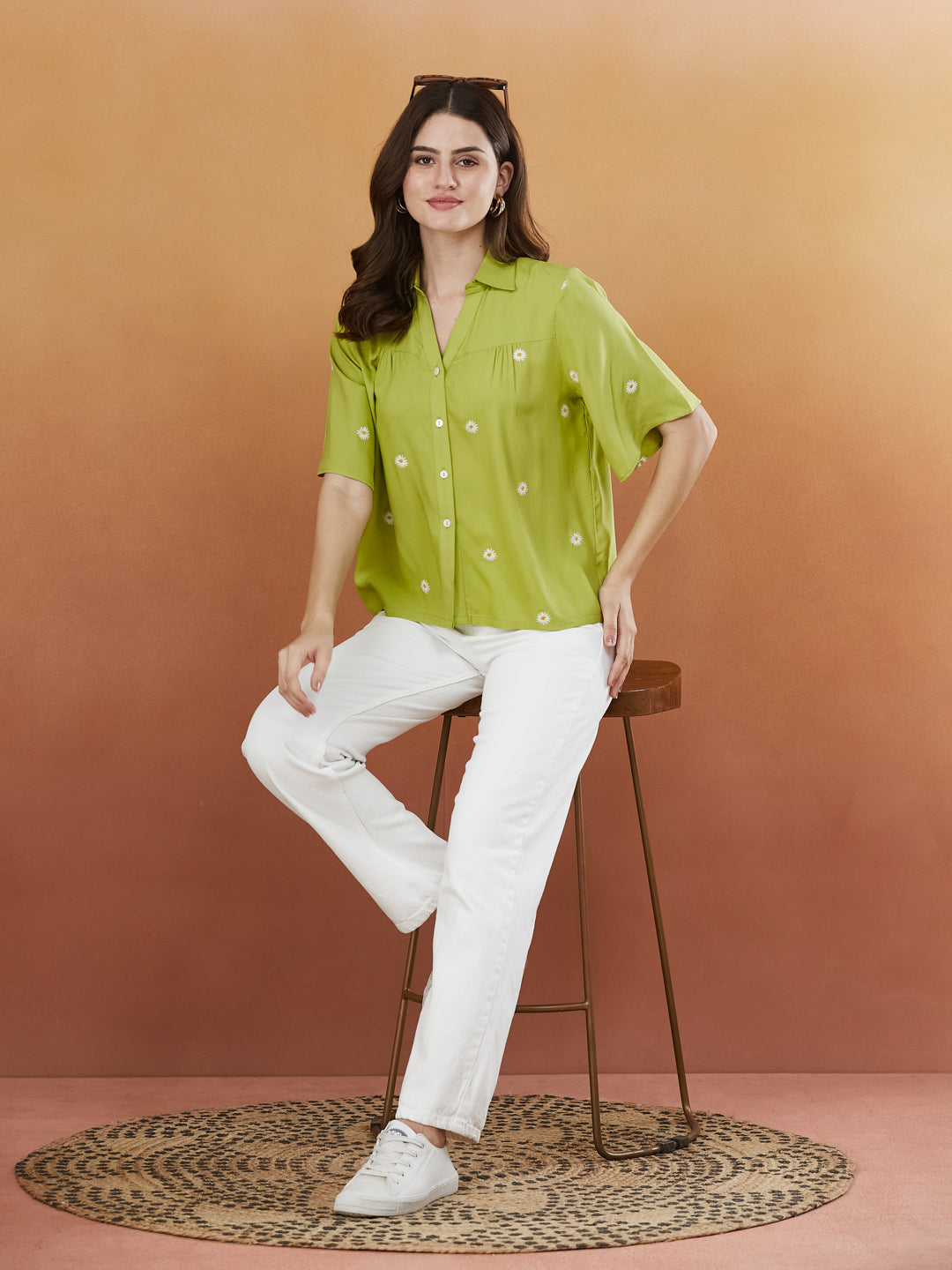 Women's Pista Green Rayon Embroidered Oversize shirt