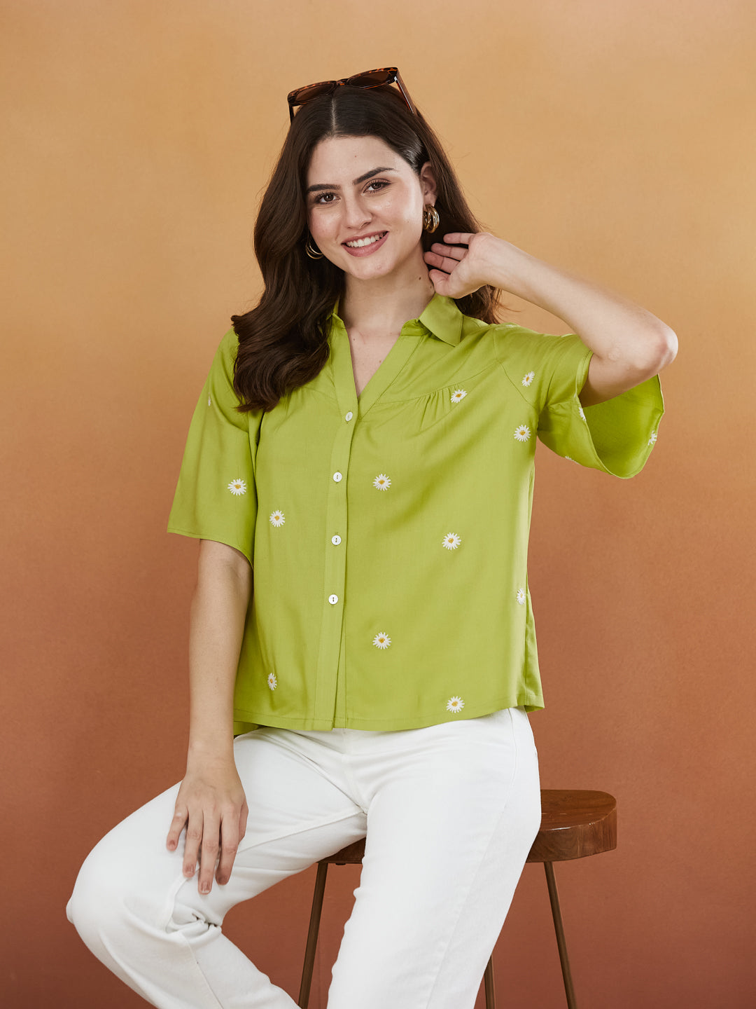 Women's Pista Green Rayon Embroidered Oversize shirt