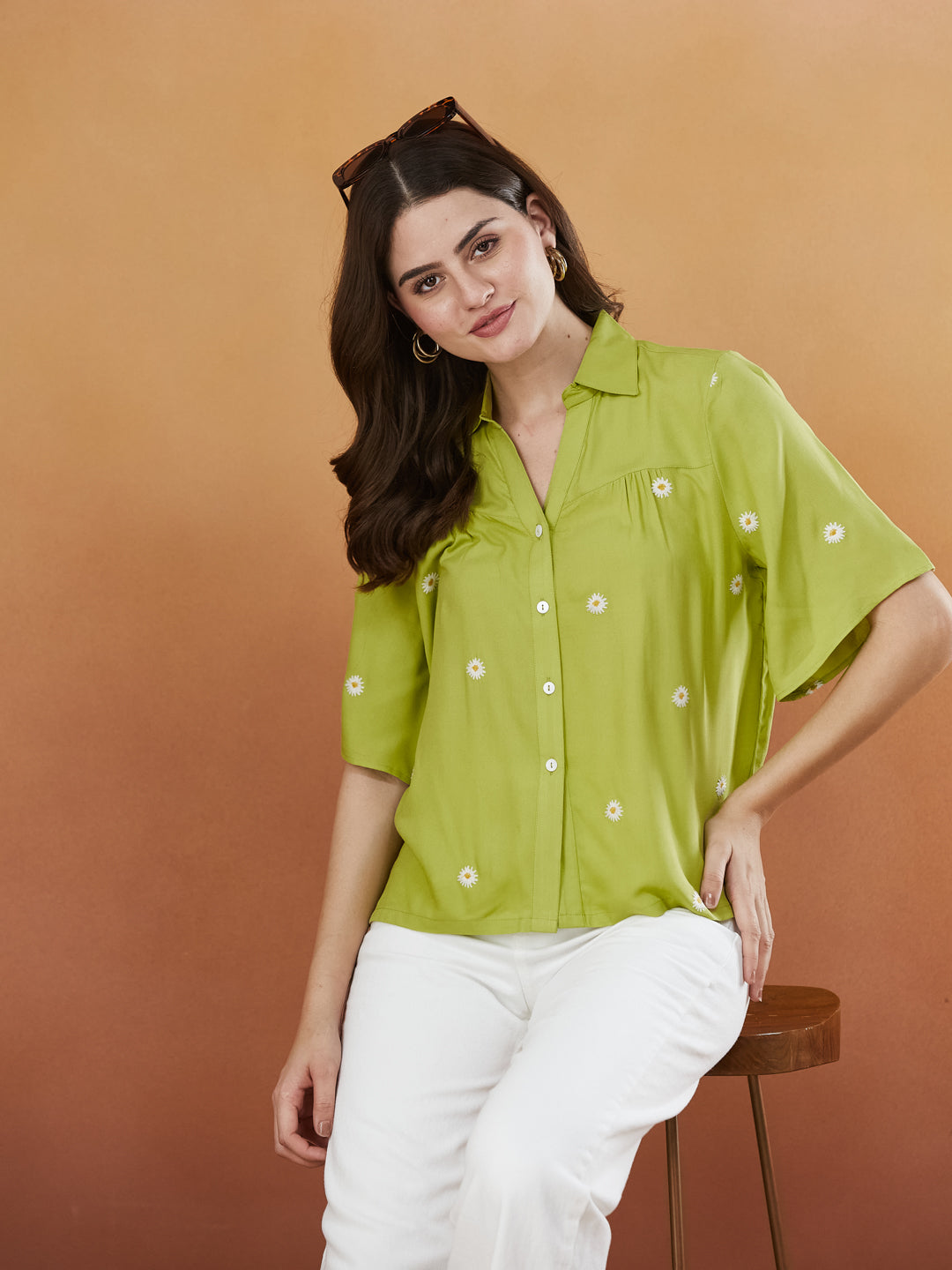 Women's Pista Green Rayon Embroidered Oversize shirt
