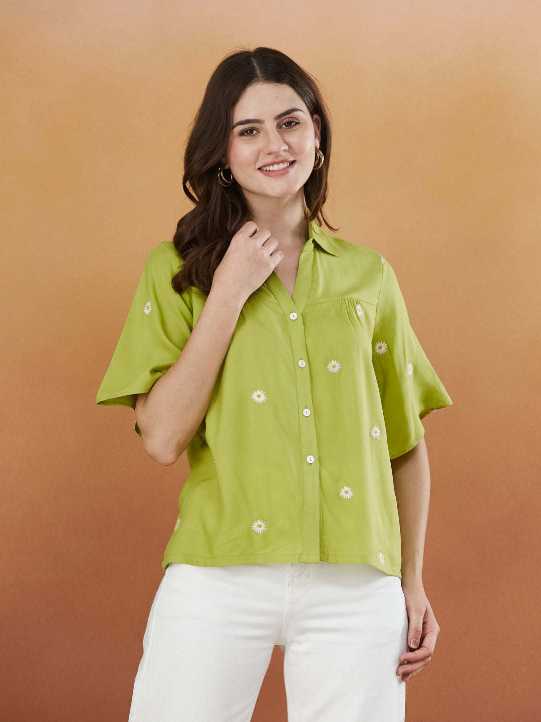 Women's Pista Green Rayon Embroidered Oversize shirt