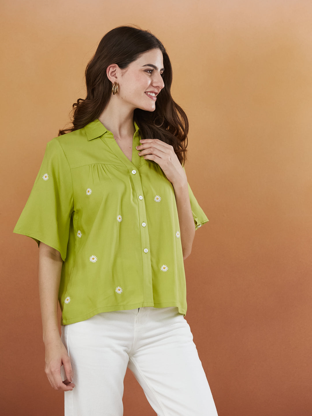 Women's Pista Green Rayon Embroidered Oversize shirt
