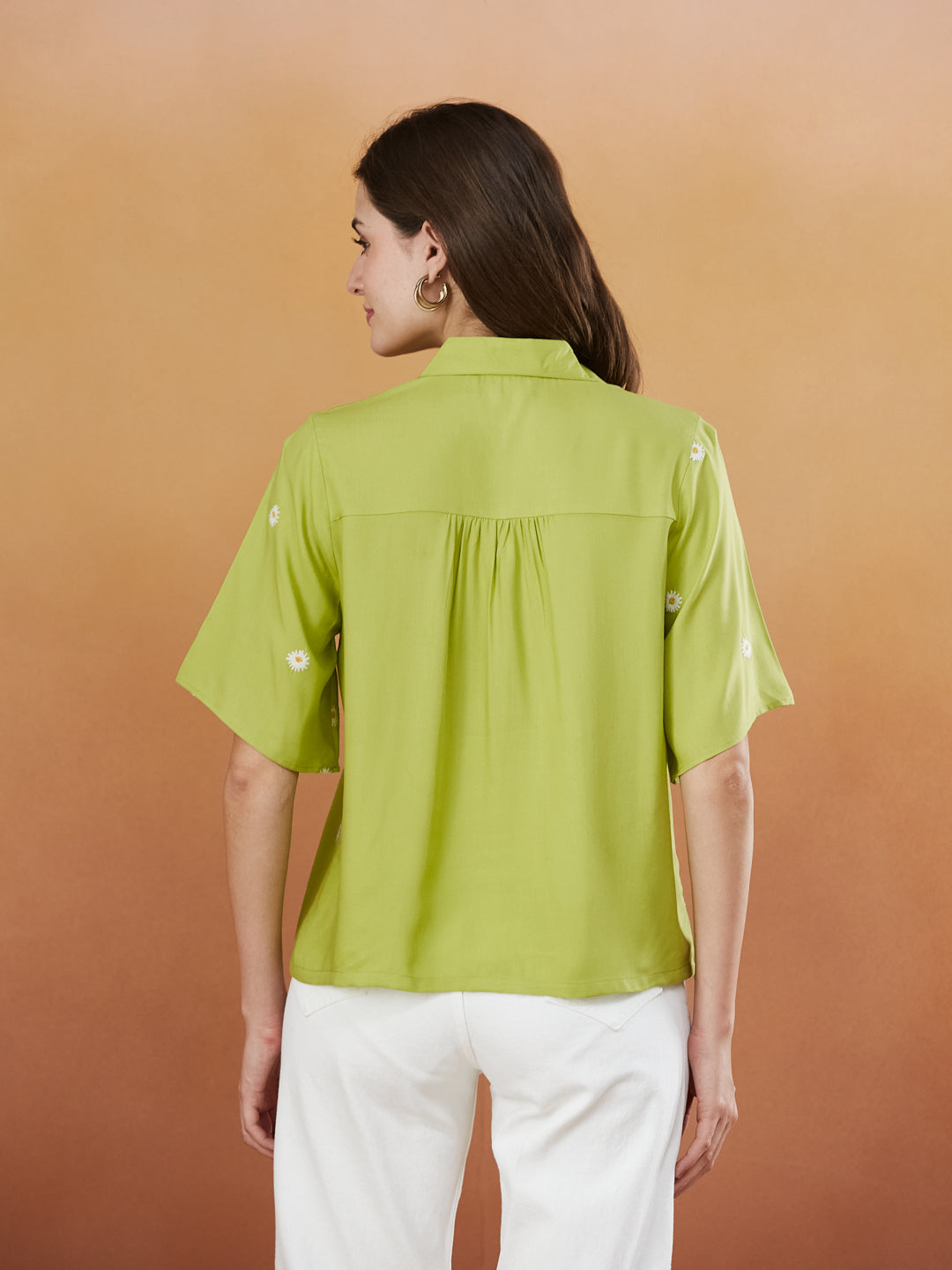Women's Pista Green Rayon Embroidered Oversize shirt