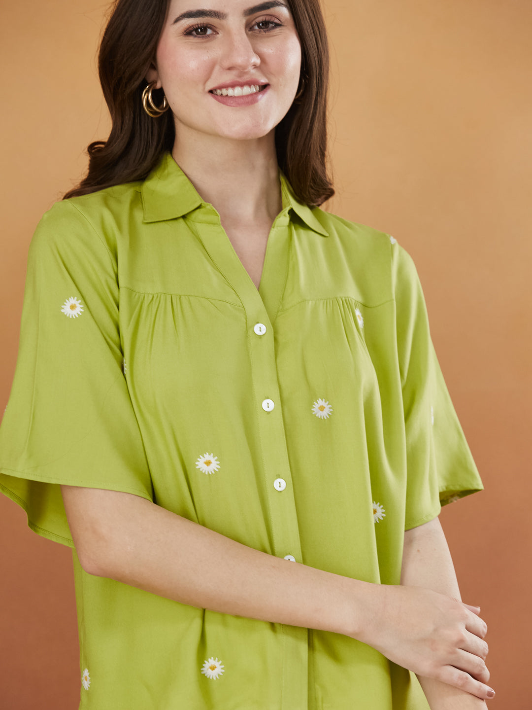 Women's Pista Green Rayon Embroidered Oversize shirt