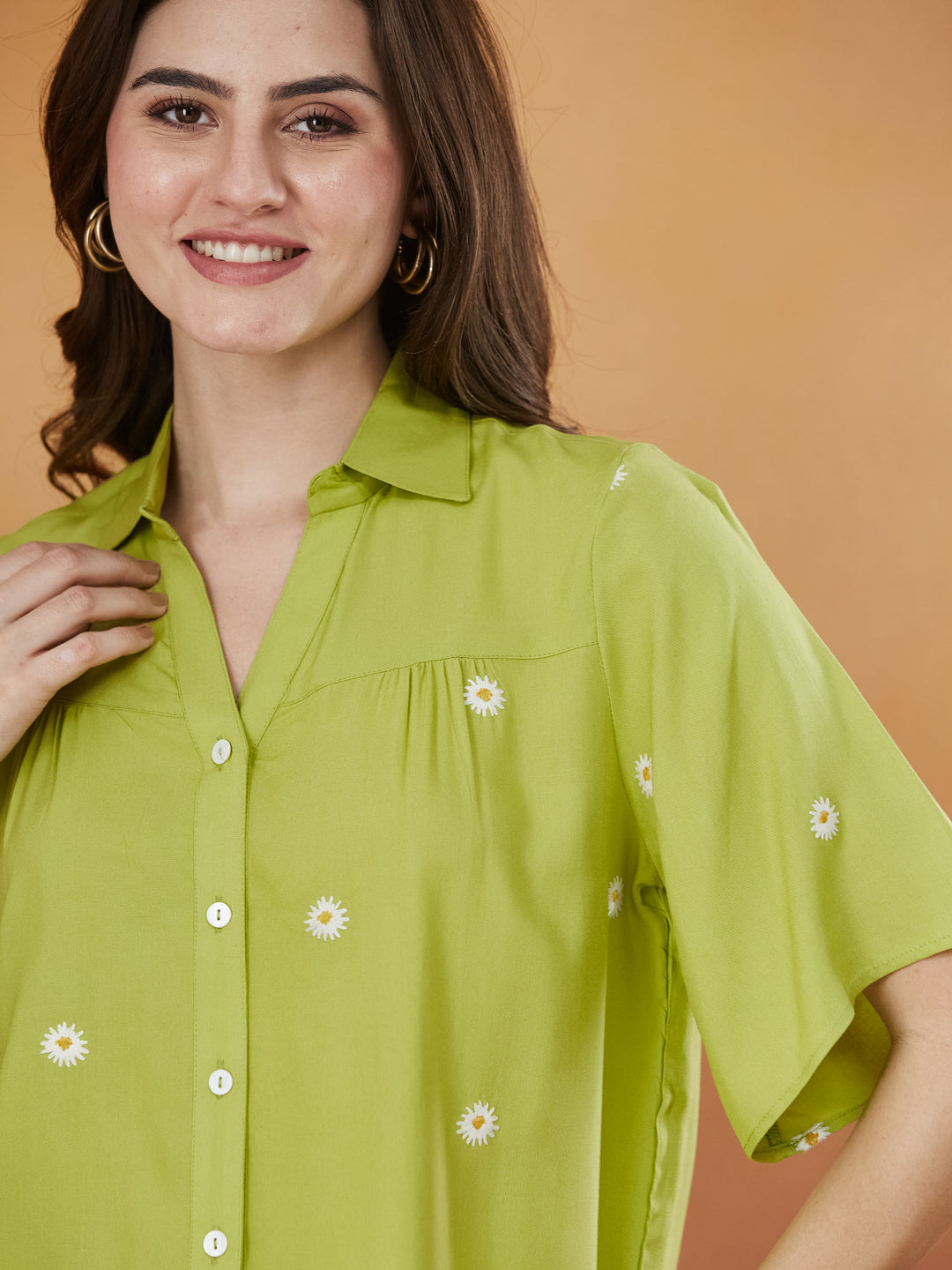 Women's Pista Green Rayon Embroidered Oversize shirt