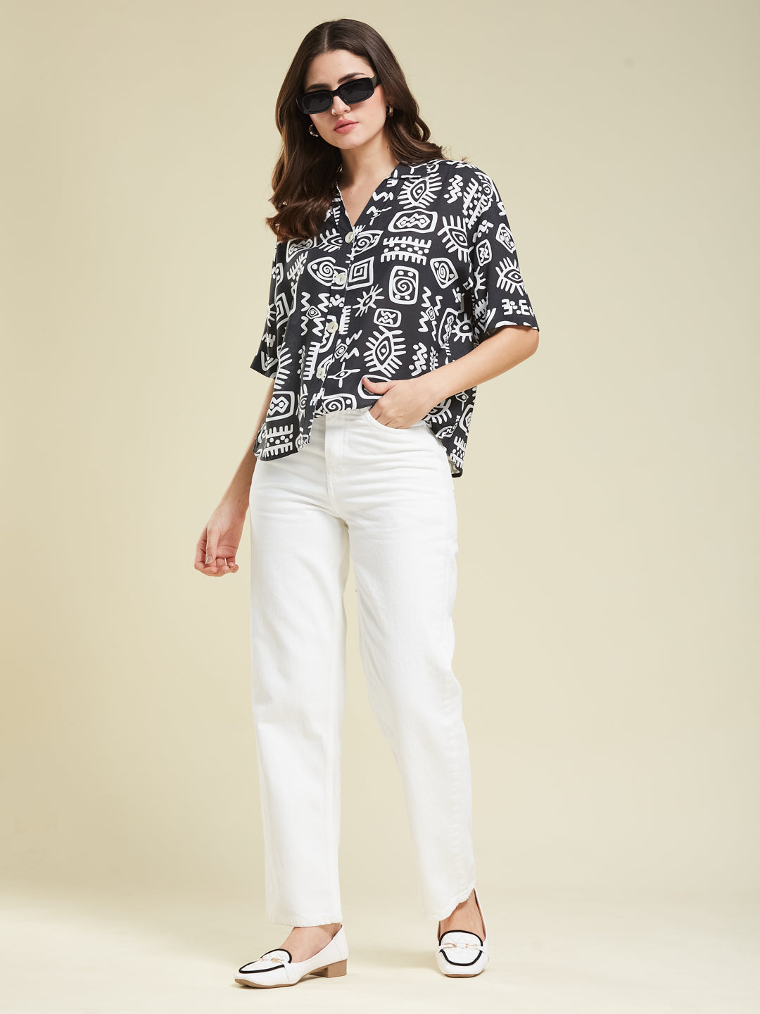 Women Black Rayon Print Regular shirt