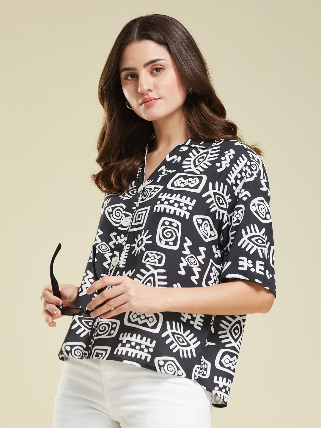 Women Black Rayon Print Regular shirt