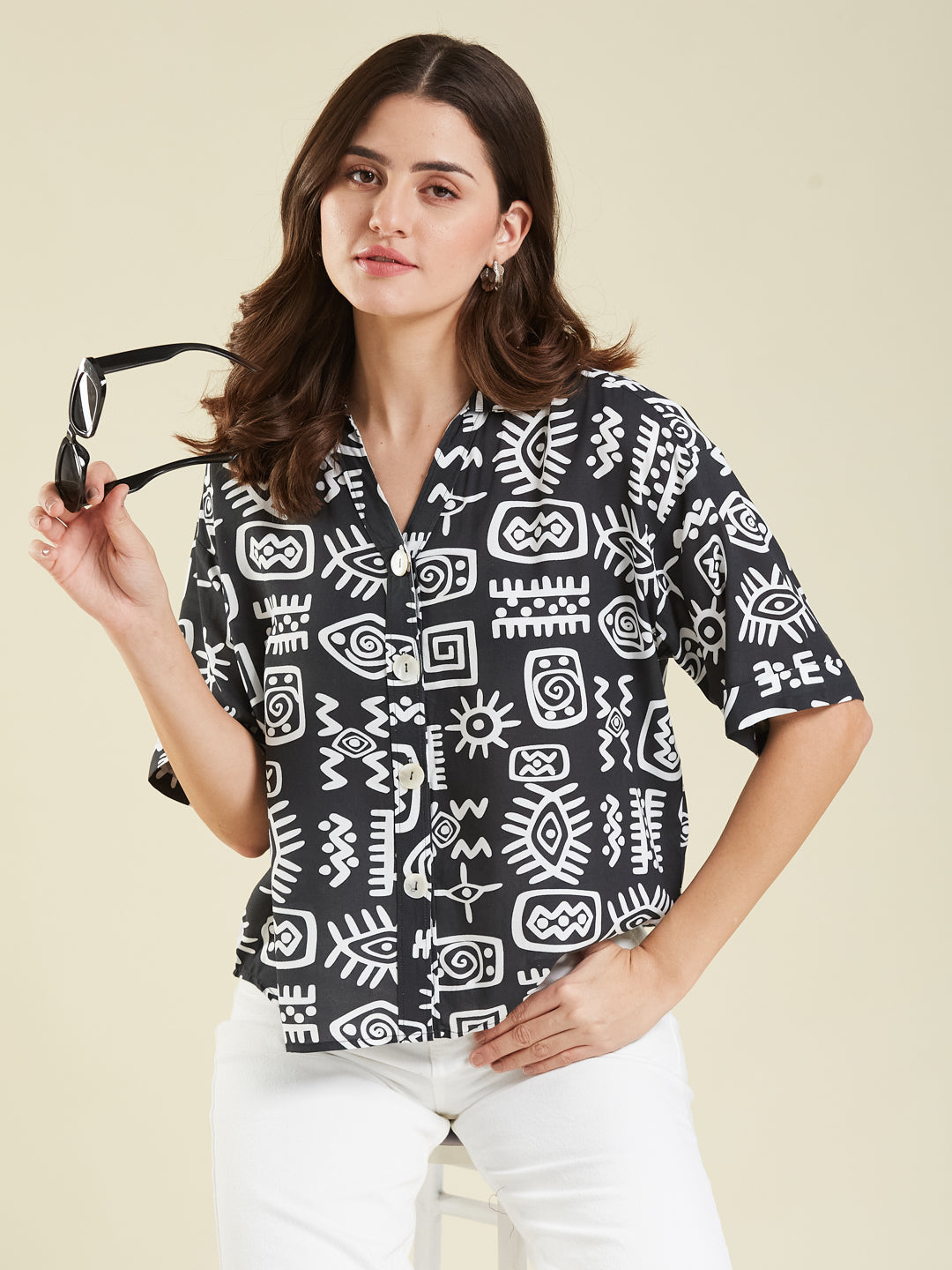 Women Black Rayon Print Regular shirt