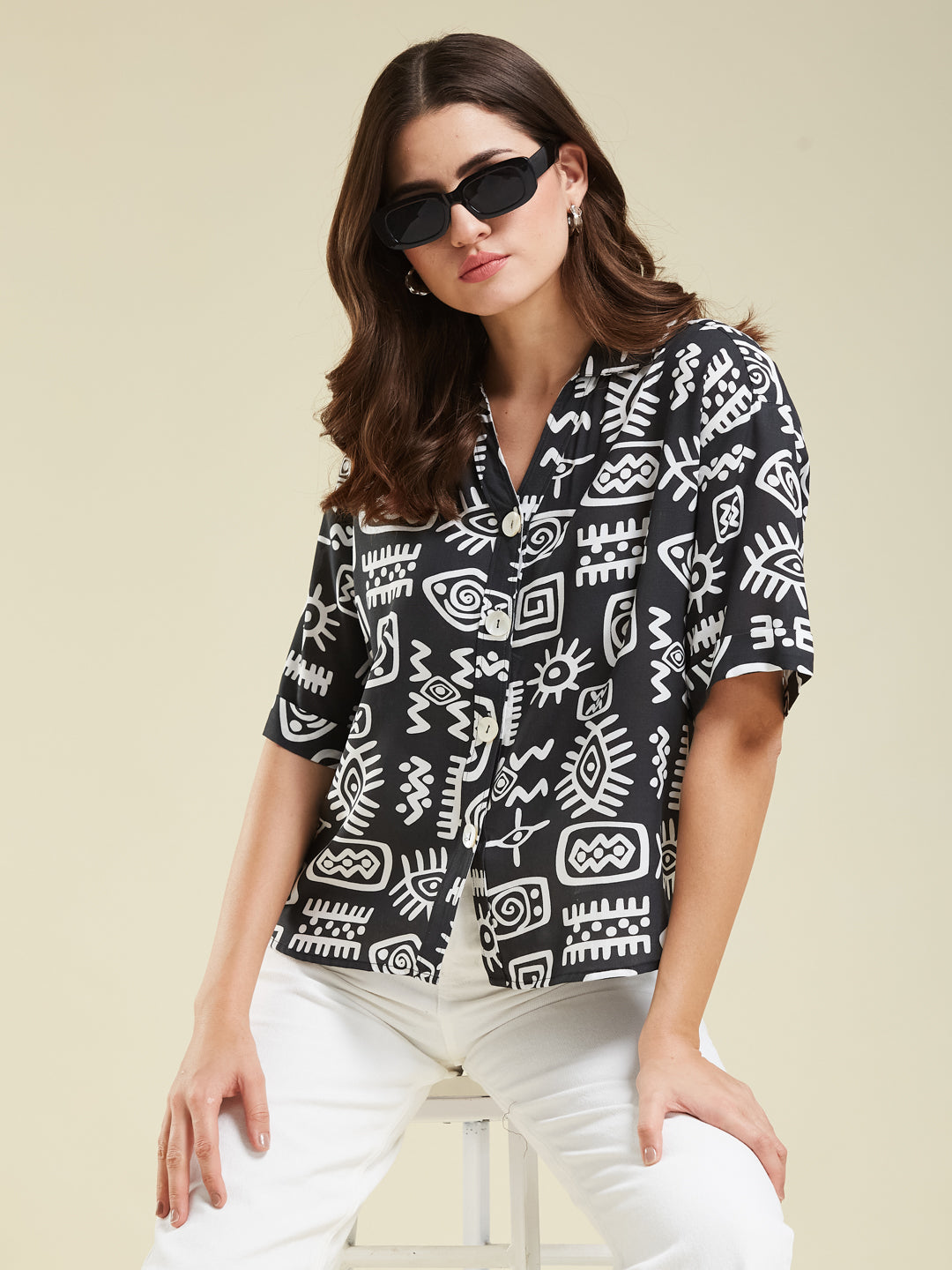 Women Black Rayon Print Regular shirt