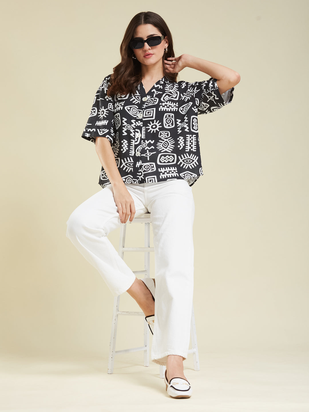 Women Black Rayon Print Regular shirt