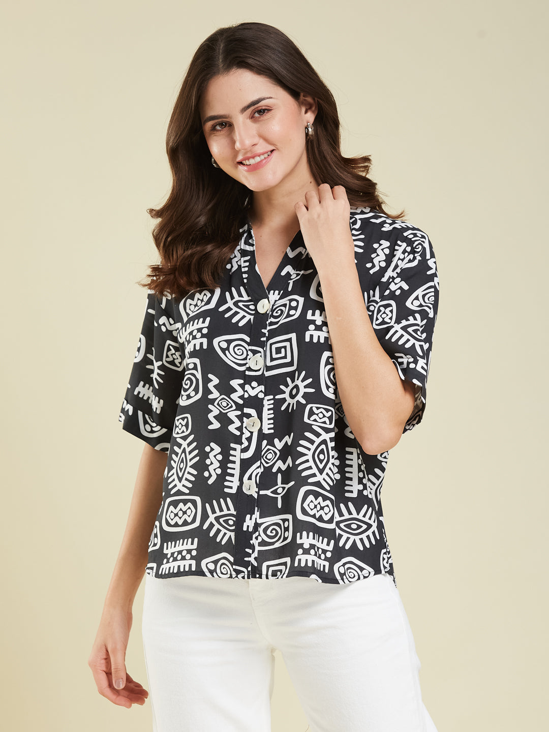 Women Black Rayon Print Regular shirt