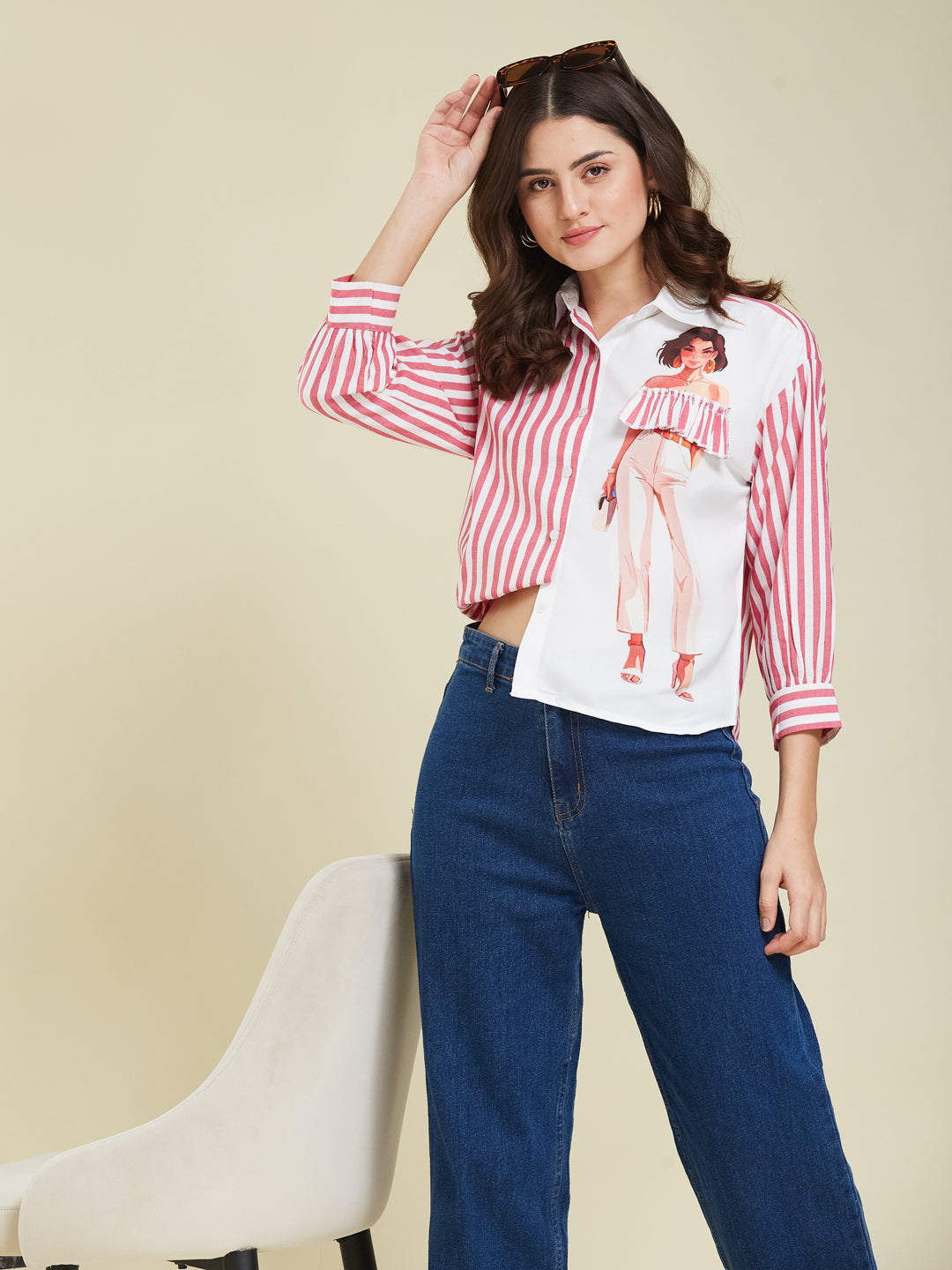 Pink Striped & Graphic Print Cotton Shirt for Women