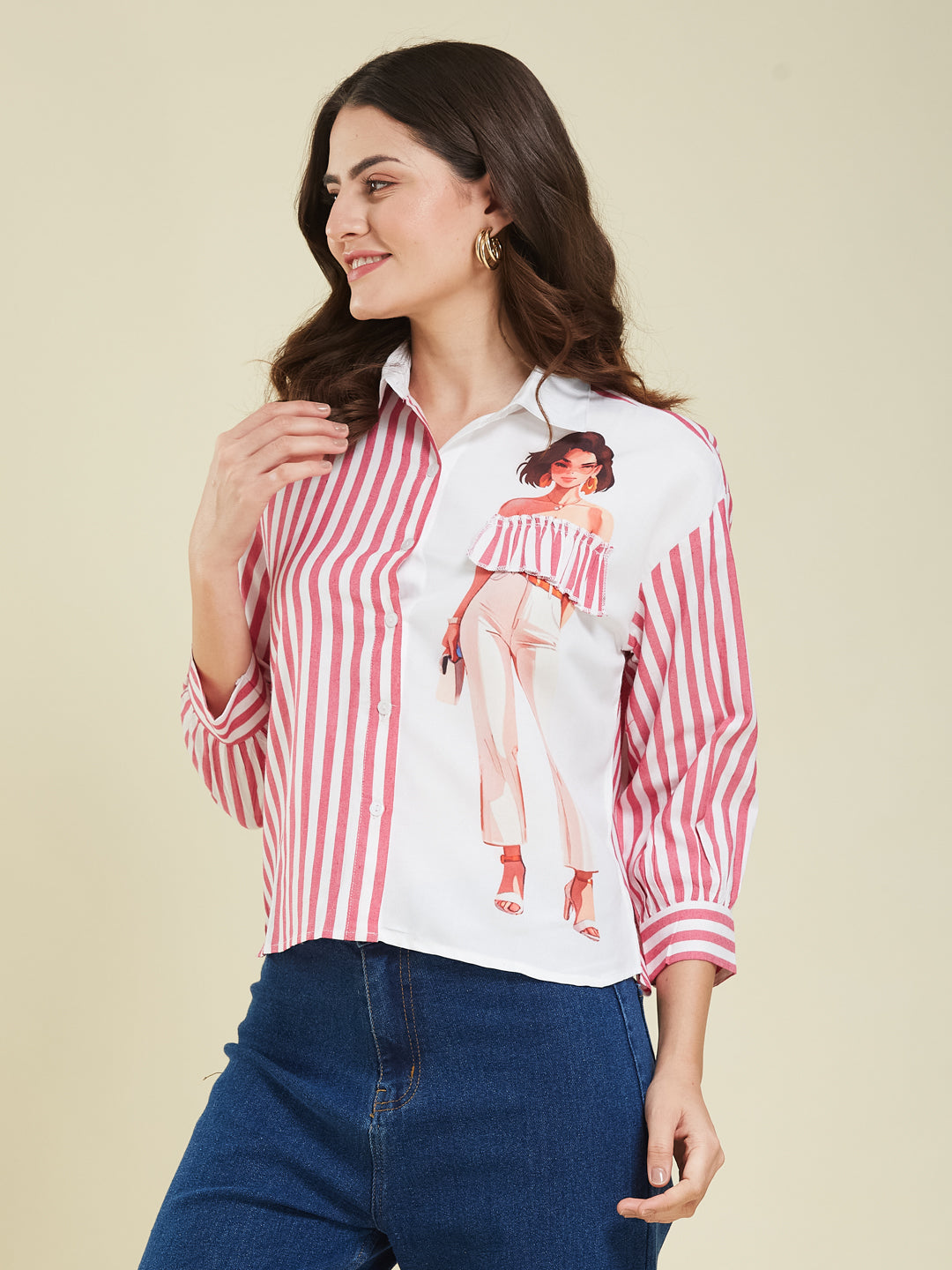 Pink Striped & Graphic Print Cotton Shirt for Women