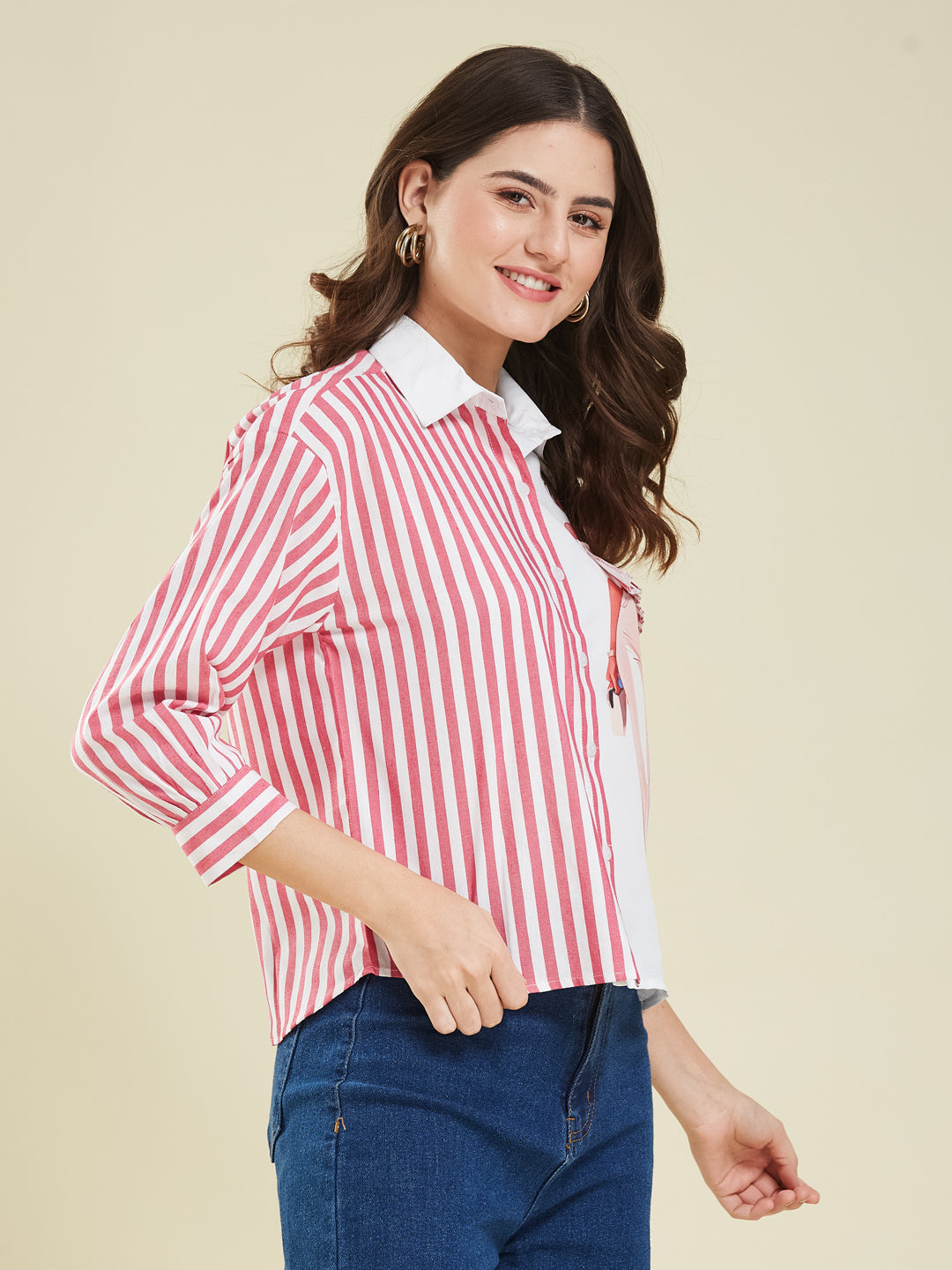 Pink Striped & Graphic Print Cotton Shirt for Women