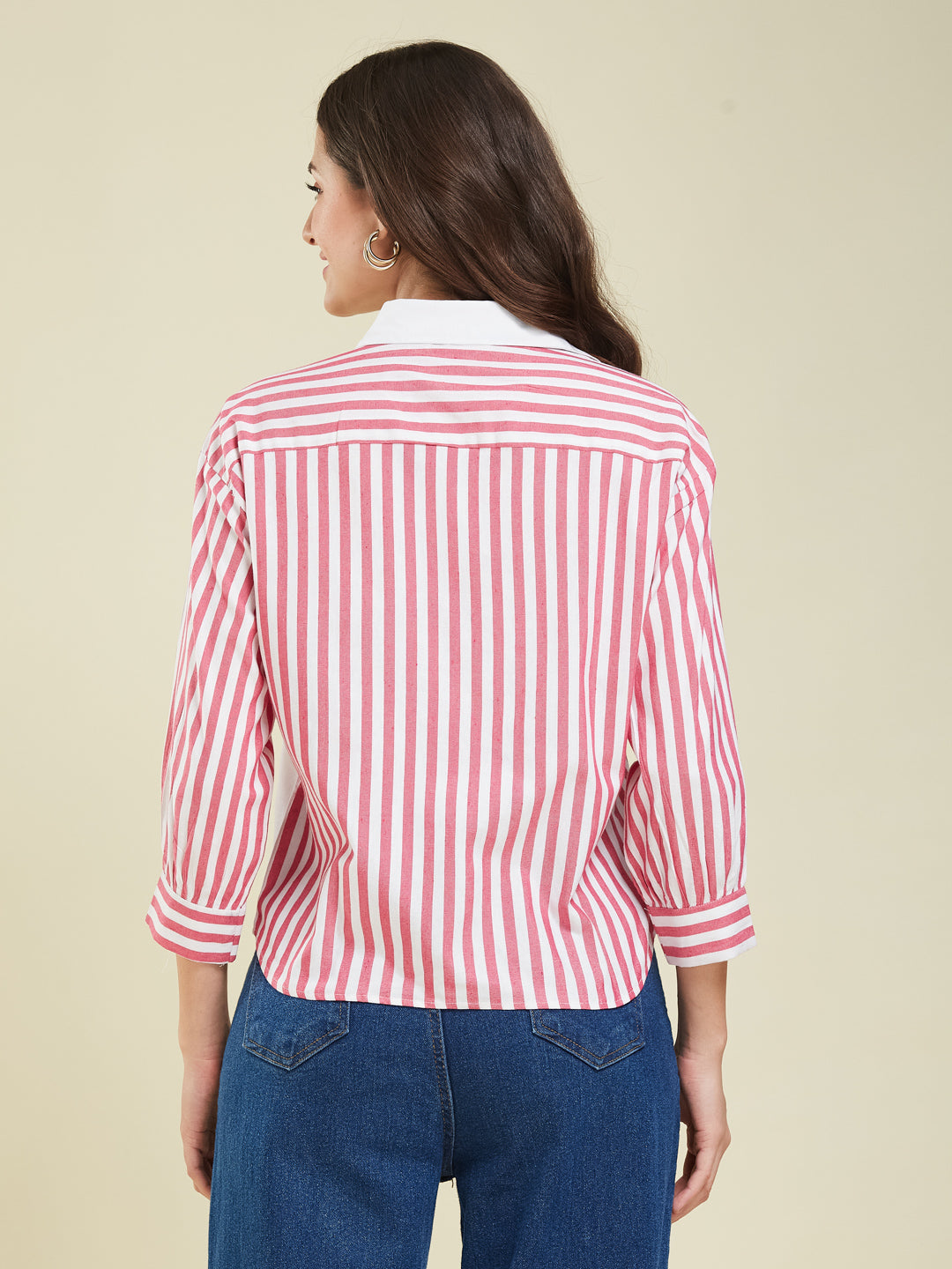 Pink Striped & Graphic Print Cotton Shirt for Women