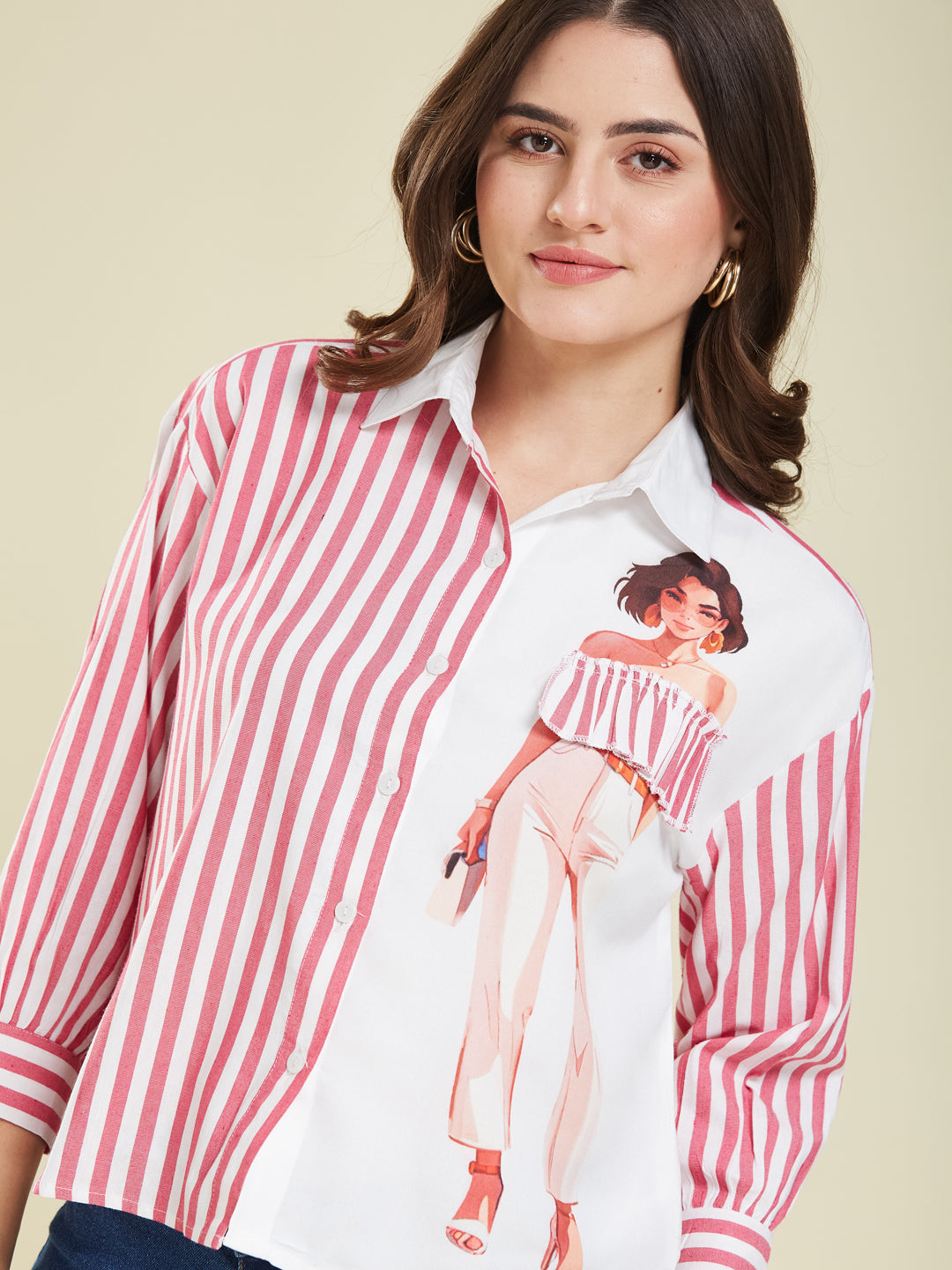 Pink Striped & Graphic Print Cotton Shirt for Women