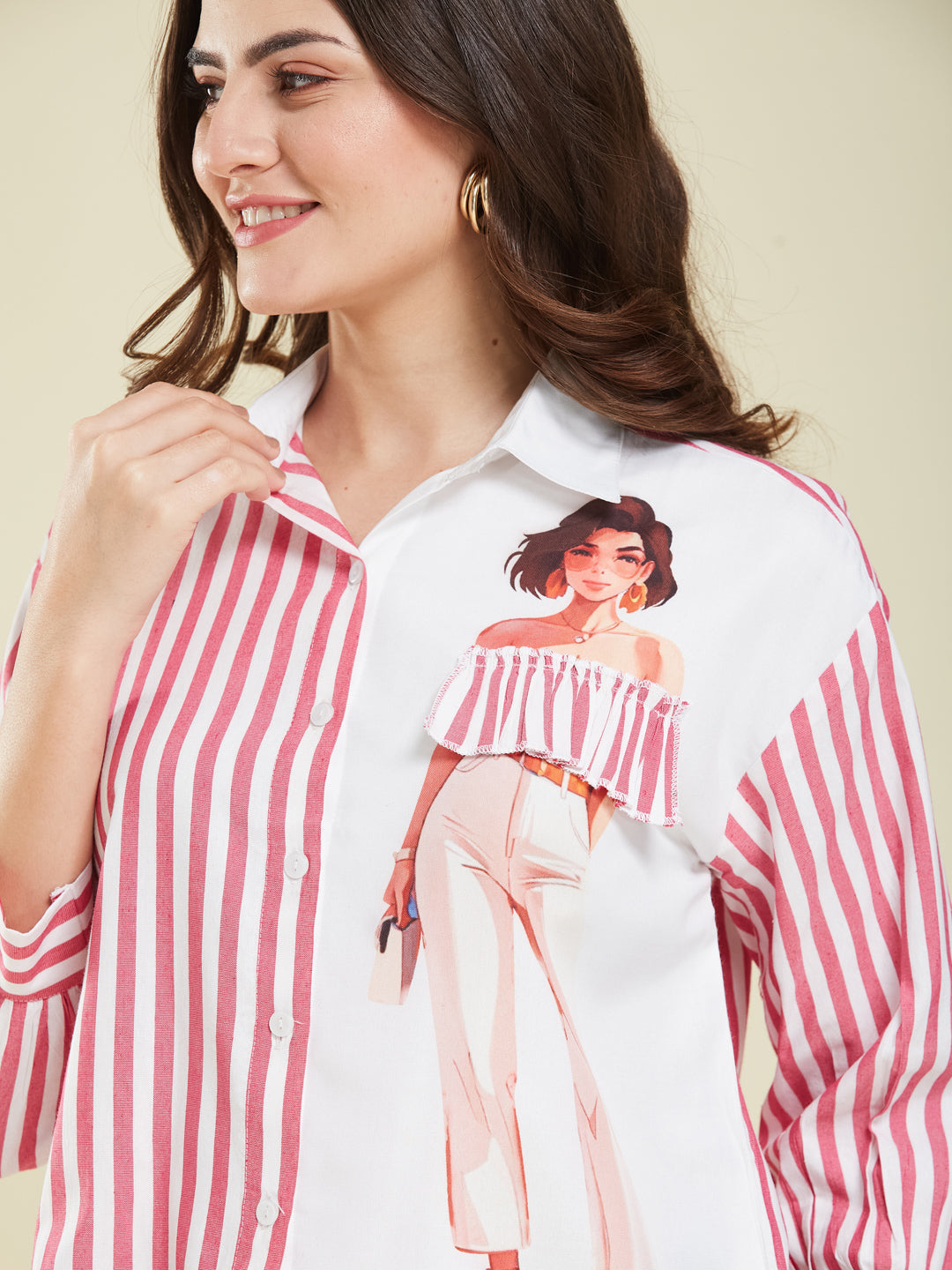 Pink Striped & Graphic Print Cotton Shirt for Women