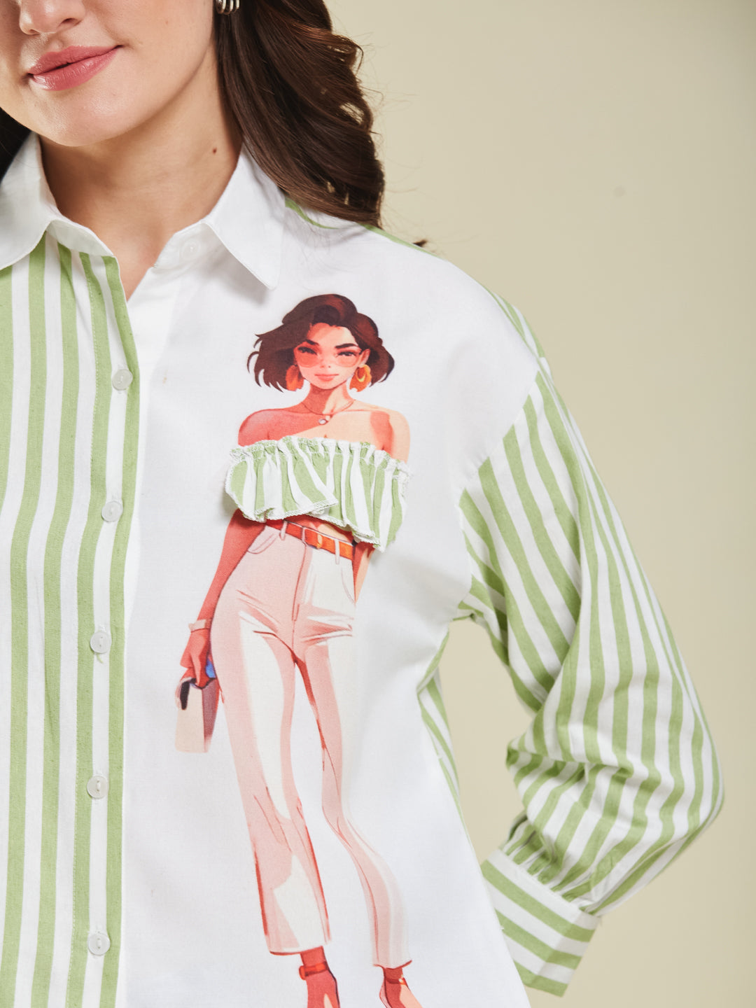 Green Striped & Graphic Print Cotton Shirt for Women