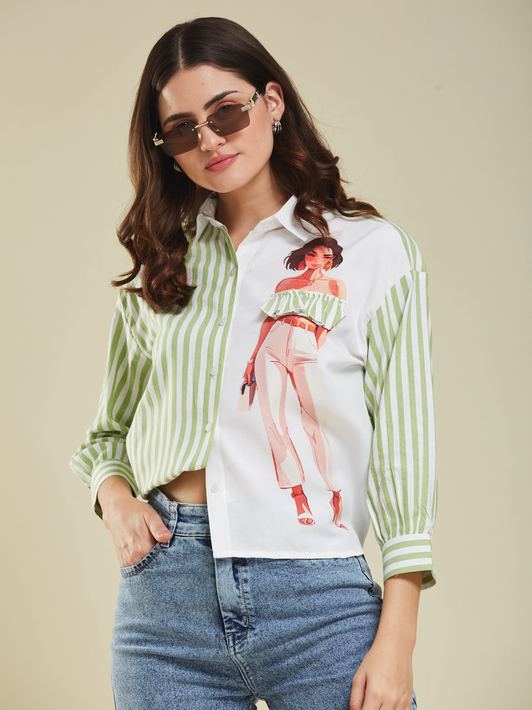 Green Striped & Graphic Print Cotton Shirt for Women