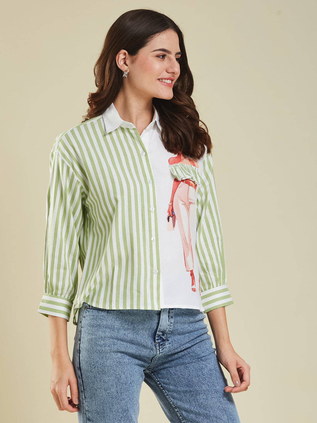 Green Striped & Graphic Print Cotton Shirt for Women