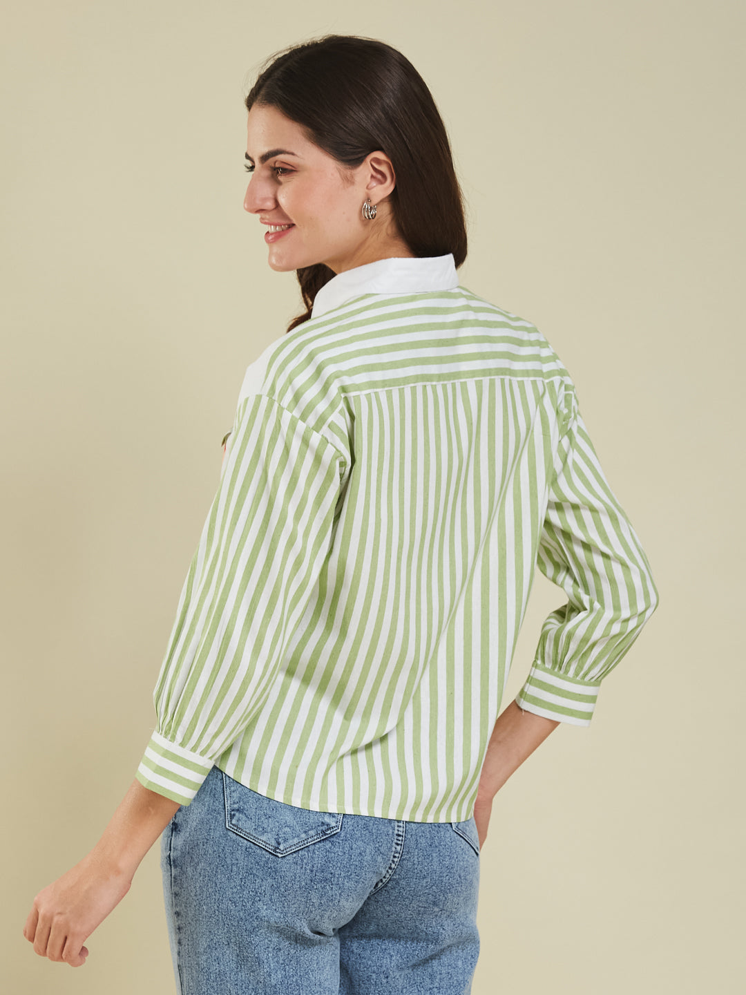 Green Striped & Graphic Print Cotton Shirt for Women