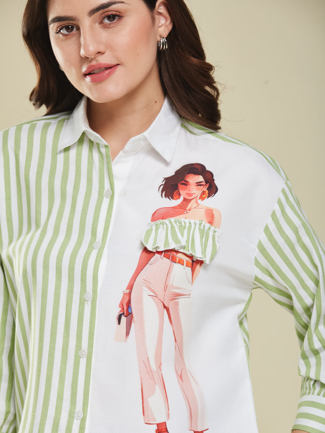Green Striped & Graphic Print Cotton Shirt for Women