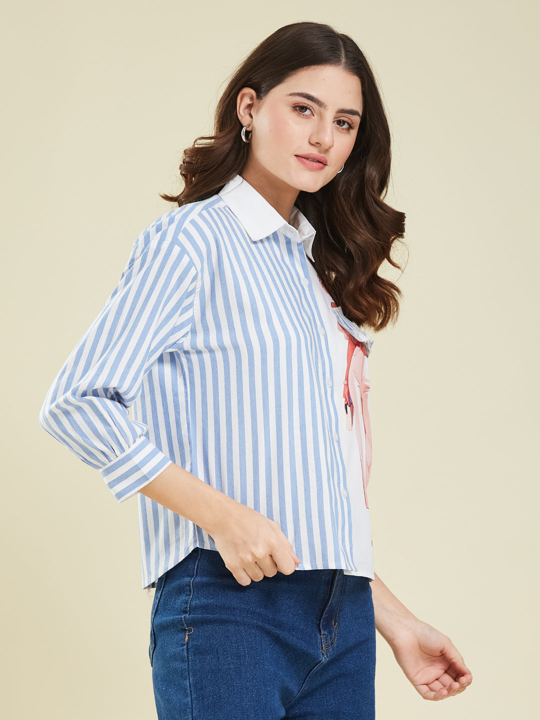 Blue Striped & Graphic Print Cotton Shirt for Women