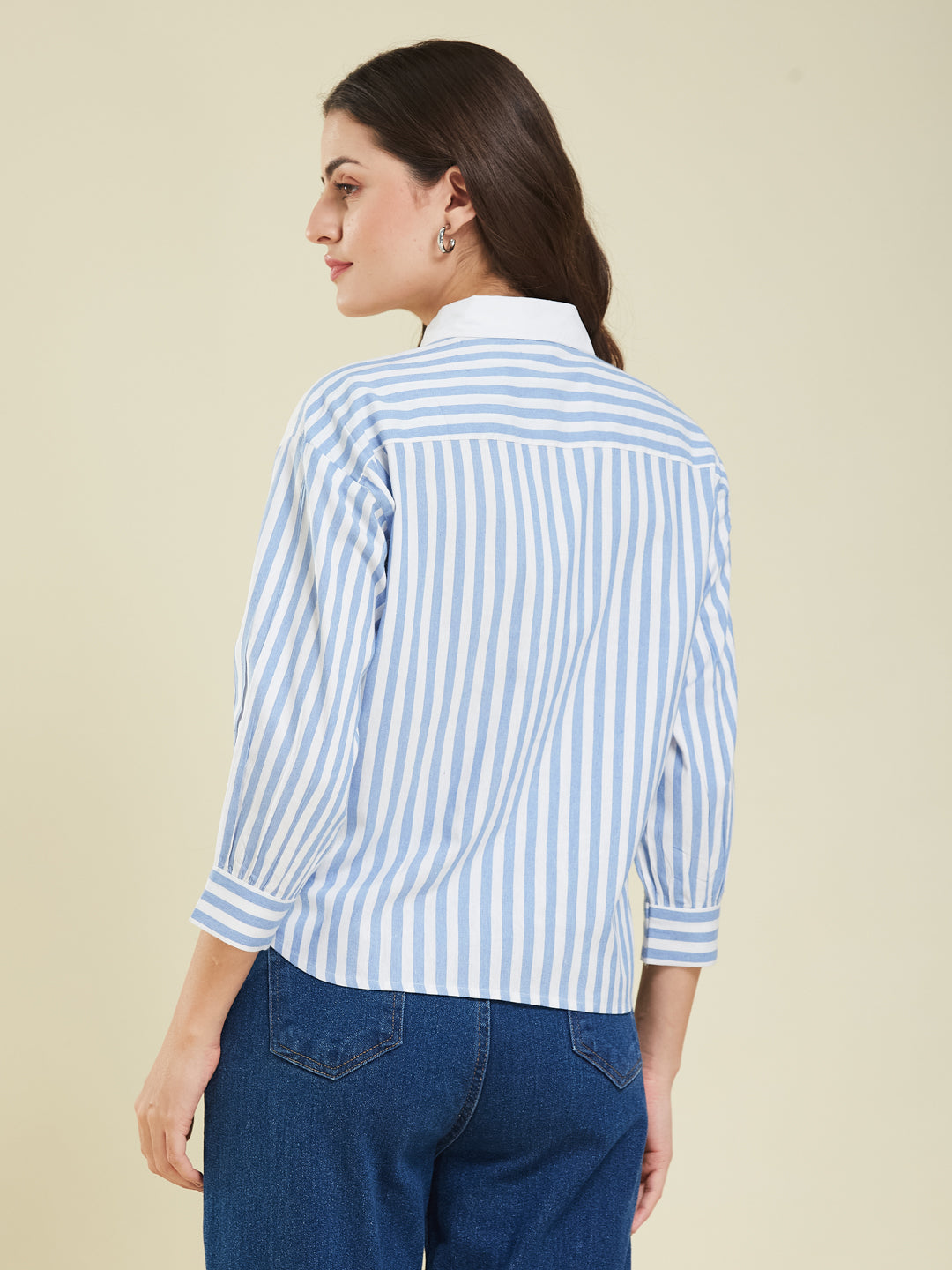 Blue Striped & Graphic Print Cotton Shirt for Women