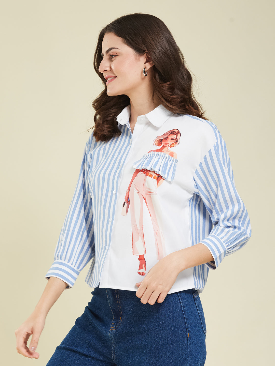 Blue Striped & Graphic Print Cotton Shirt for Women