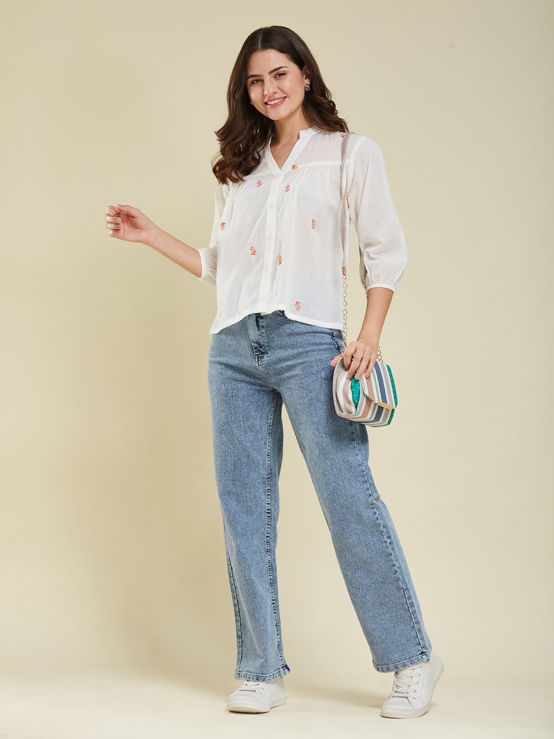 White Casual Cotton Shirt with Elegant Embroidery for women