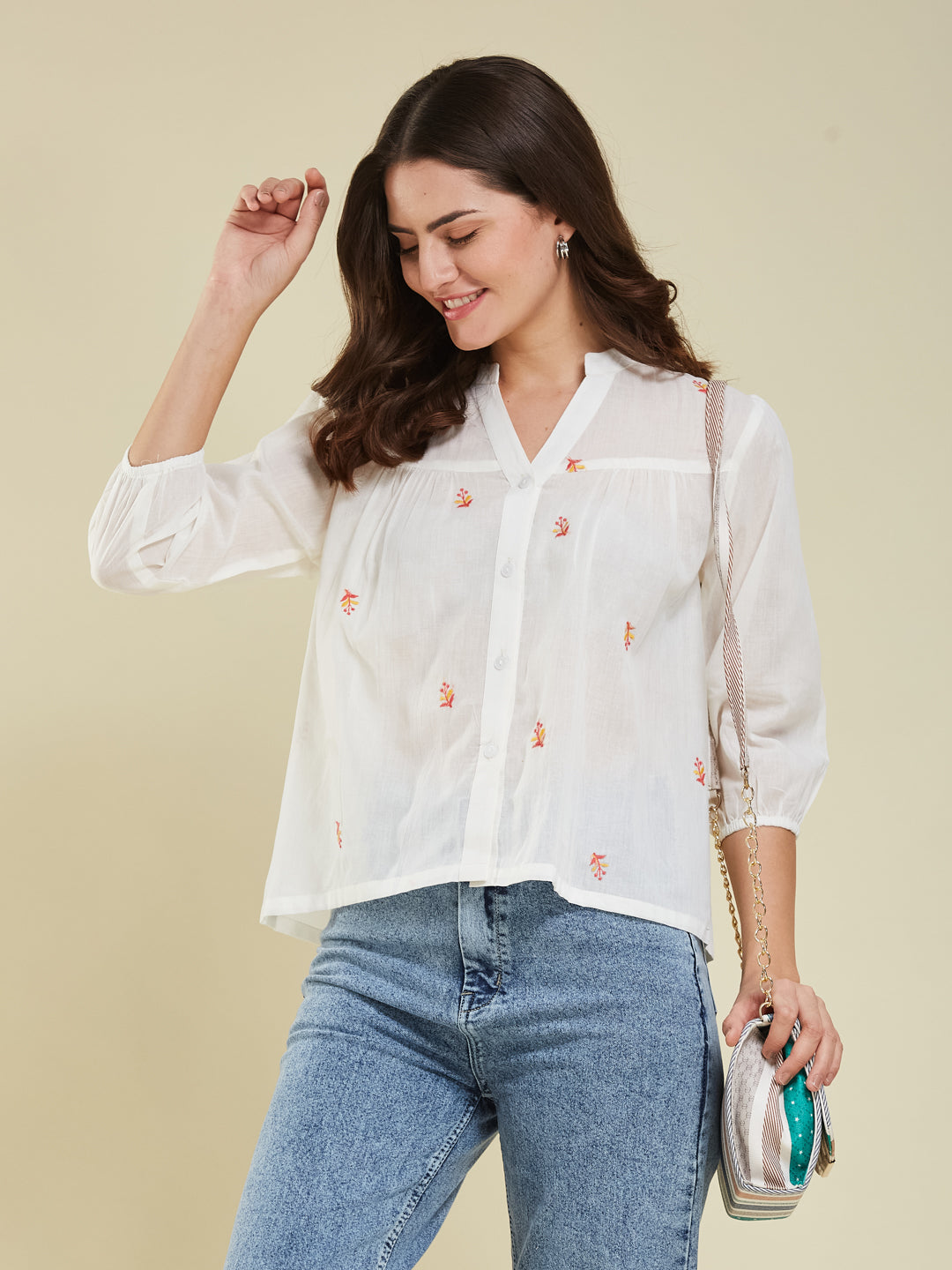 White Casual Cotton Shirt with Elegant Embroidery for women