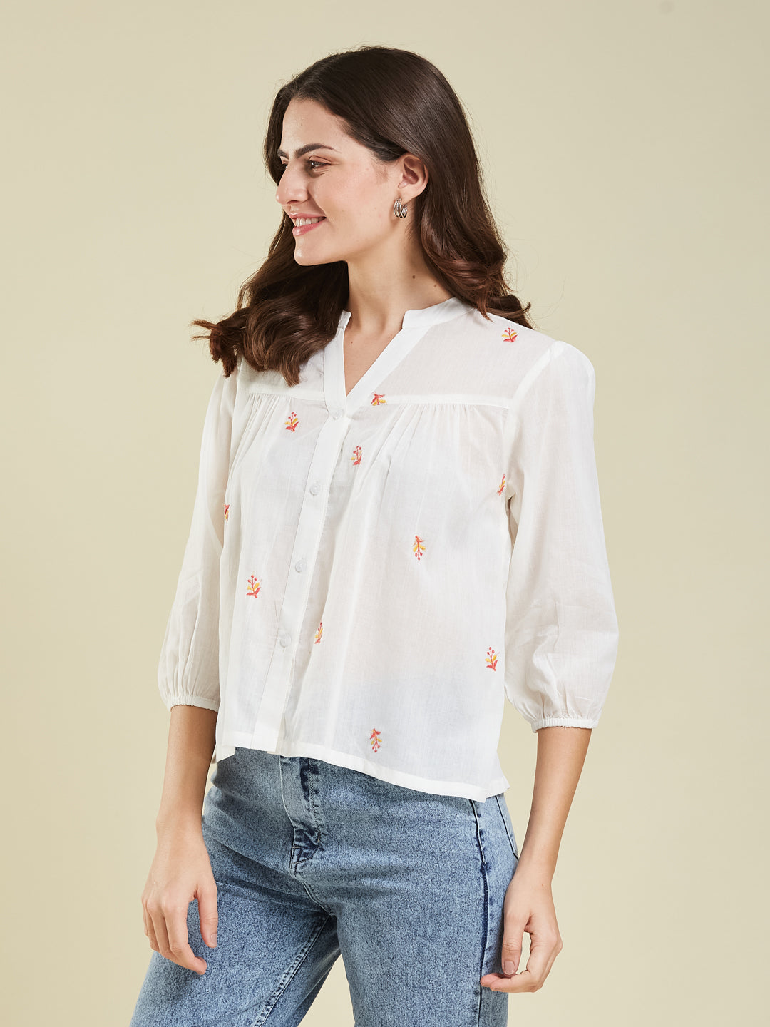 White Casual Cotton Shirt with Elegant Embroidery for women
