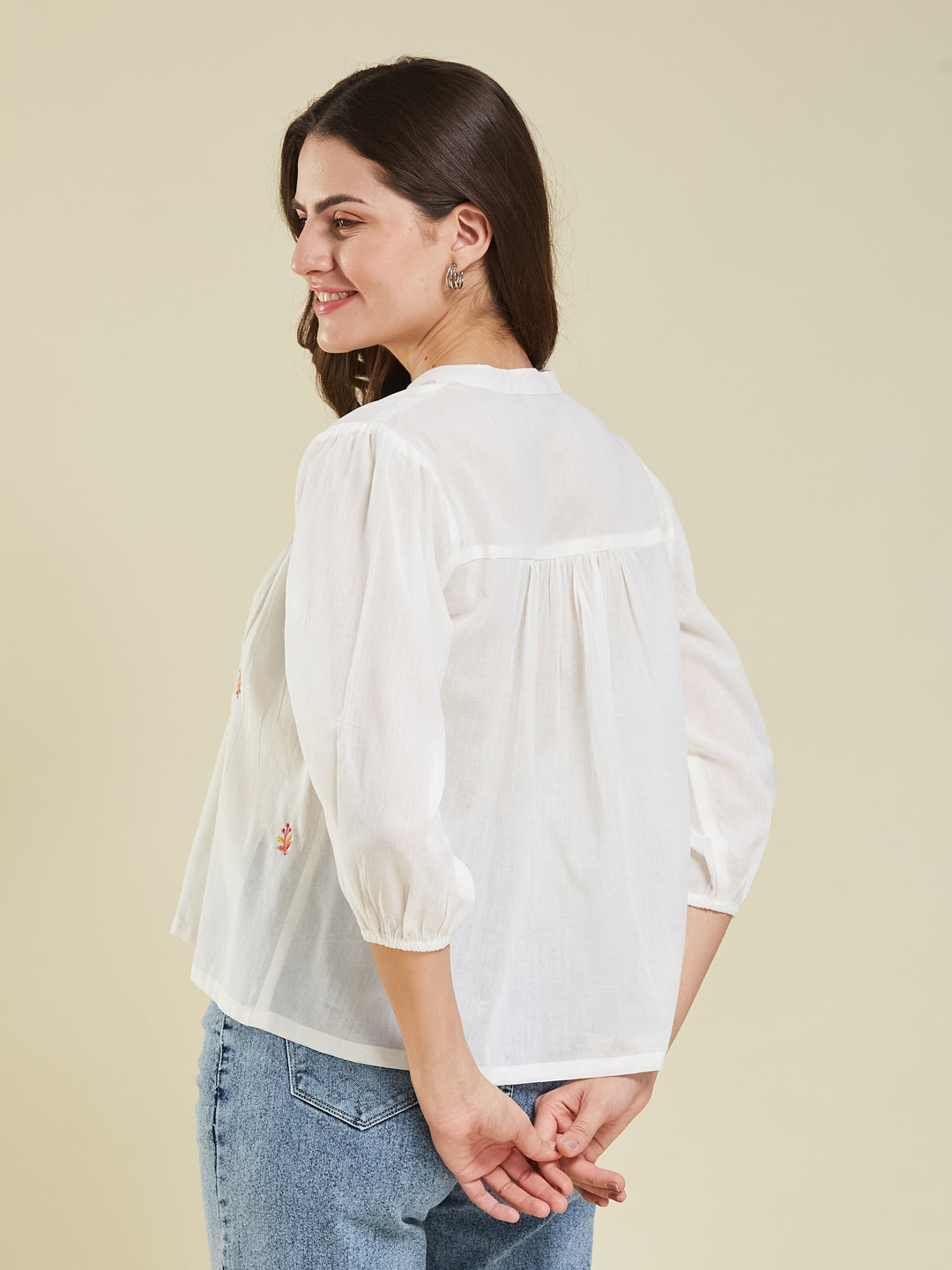 White Casual Cotton Shirt with Elegant Embroidery for women