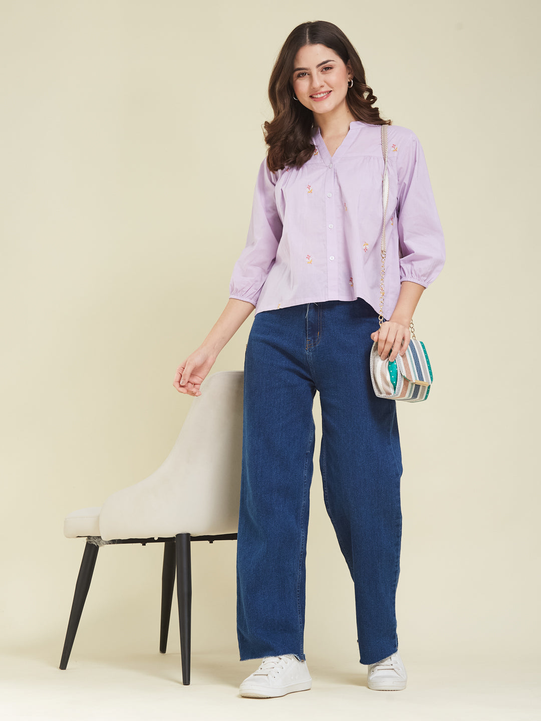 Lavender Casual Cotton Shirt with Elegant Embroidery for women