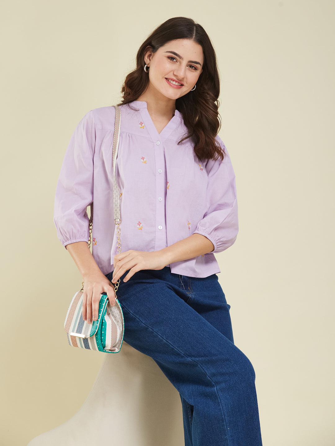Lavender Casual Cotton Shirt with Elegant Embroidery for women