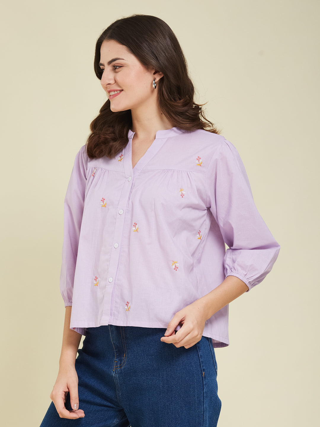 Lavender Casual Cotton Shirt with Elegant Embroidery for women