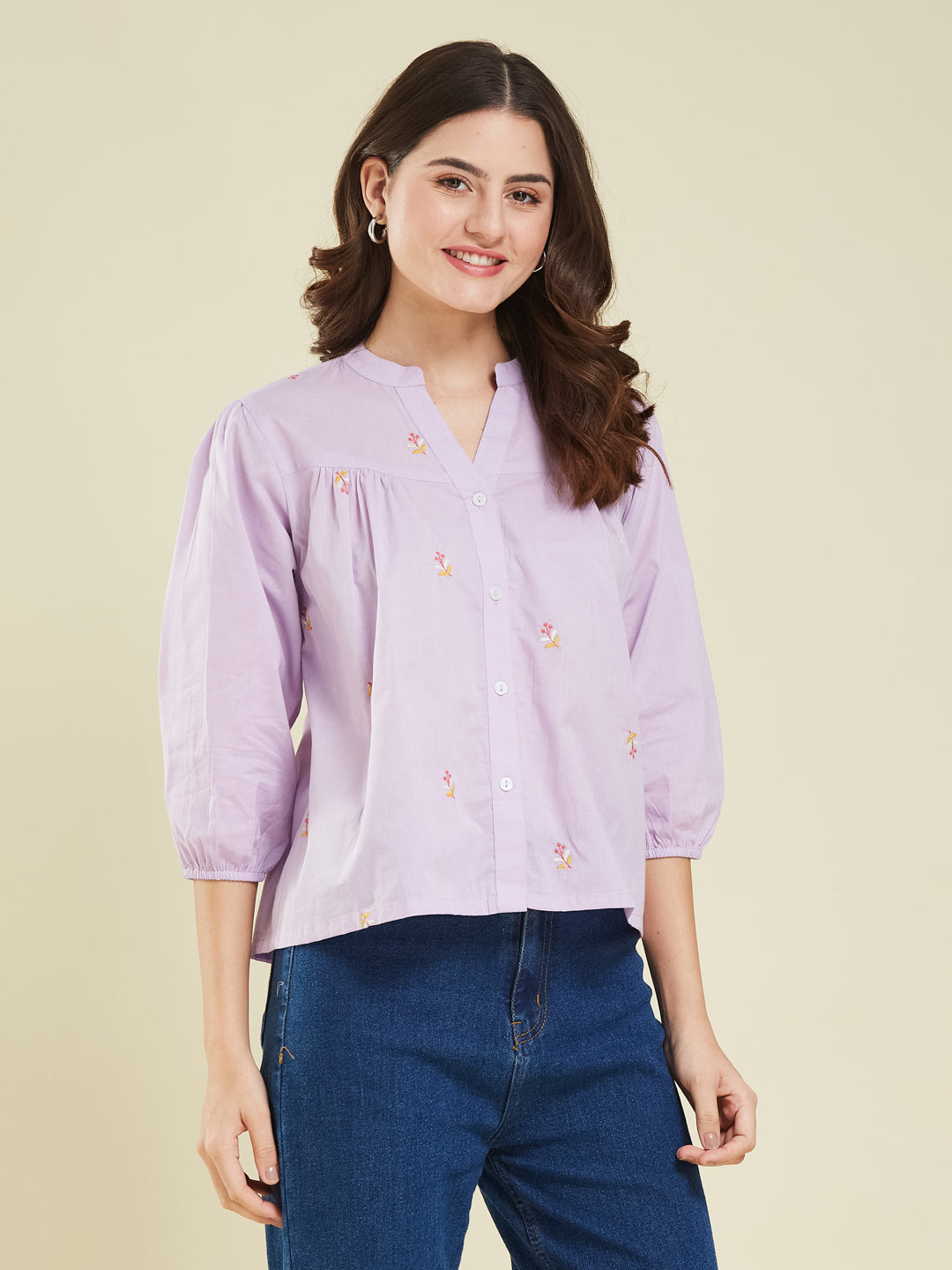 Lavender Casual Cotton Shirt with Elegant Embroidery for women