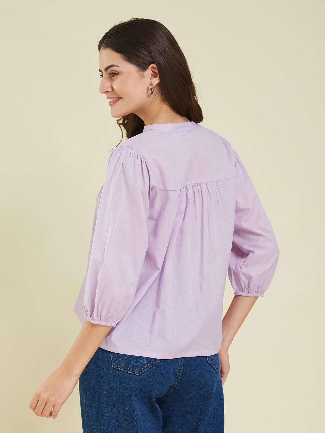 Lavender Casual Cotton Shirt with Elegant Embroidery for women