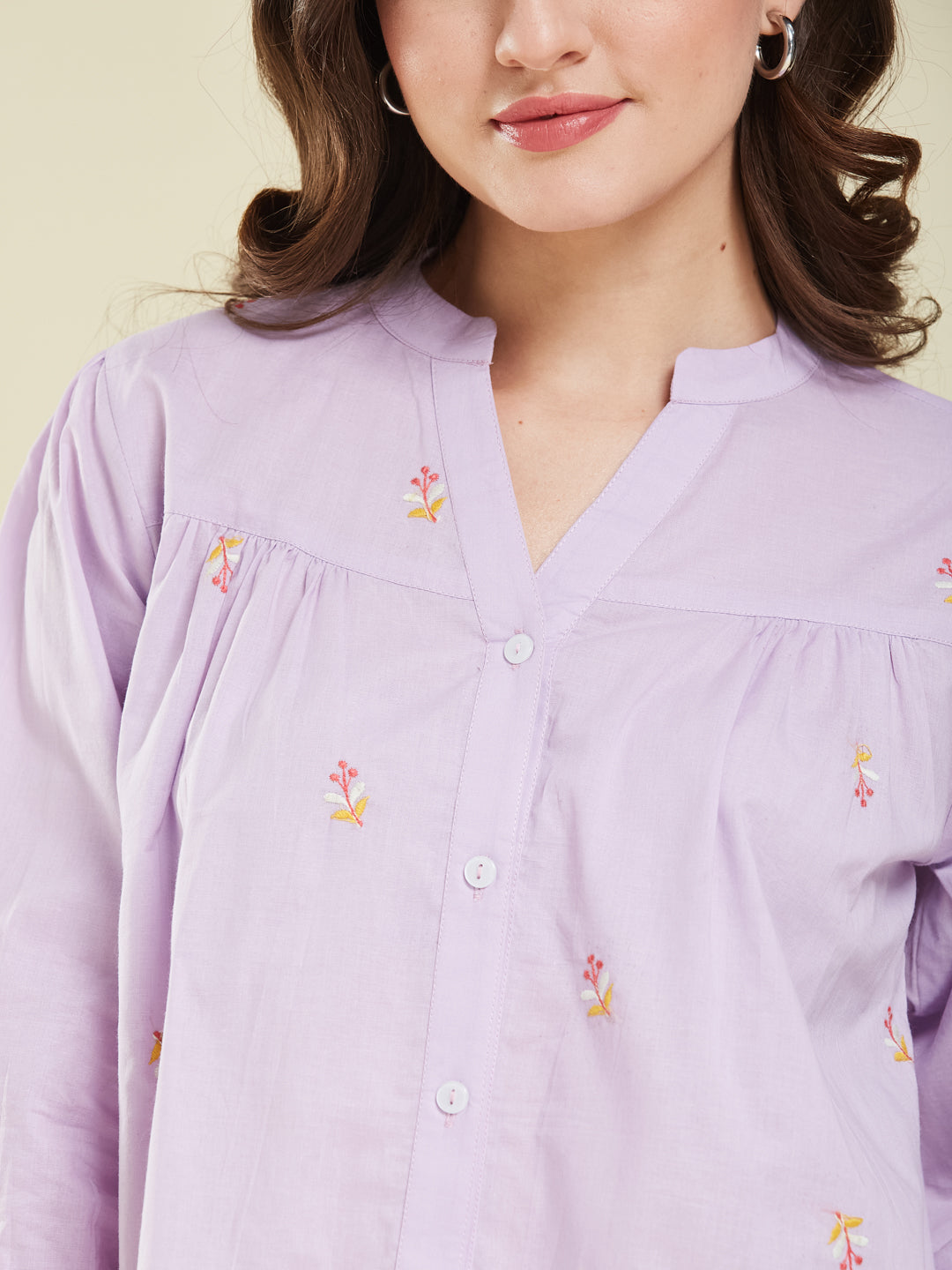 Lavender Casual Cotton Shirt with Elegant Embroidery for women