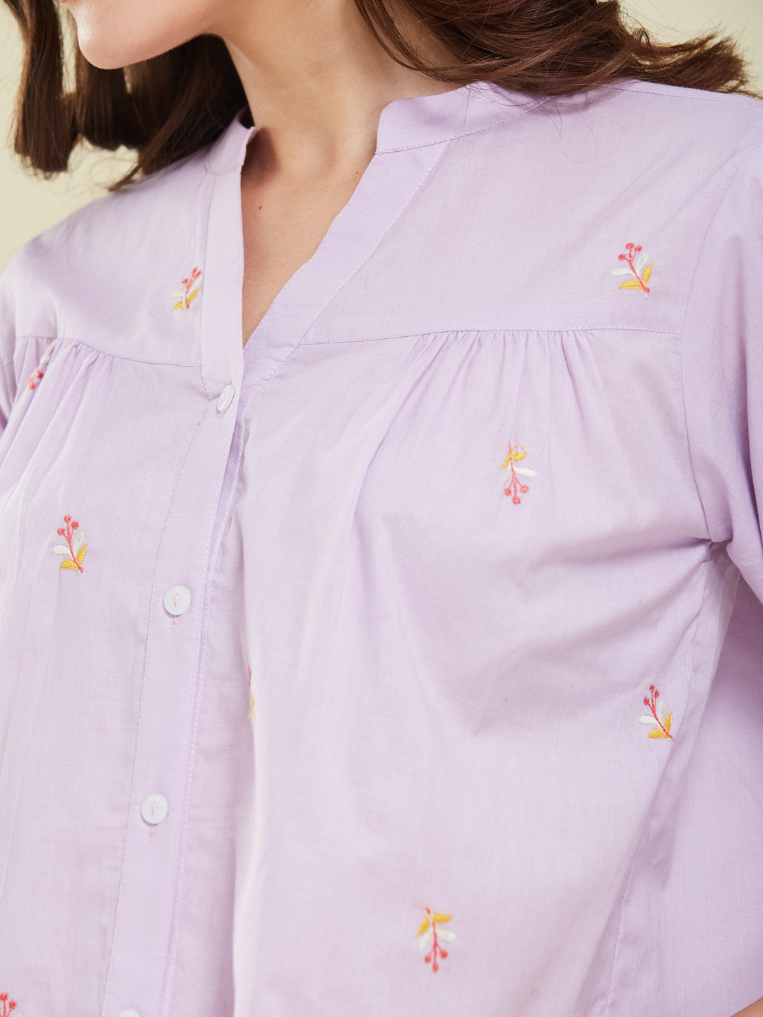 Lavender Casual Cotton Shirt with Elegant Embroidery for women