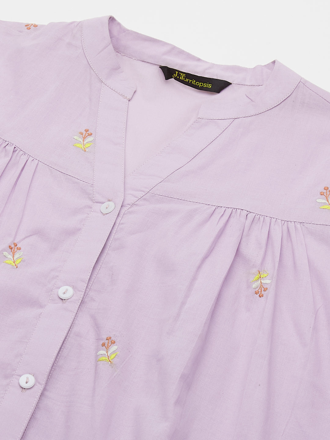 Lavender Casual Cotton Shirt with Elegant Embroidery for women