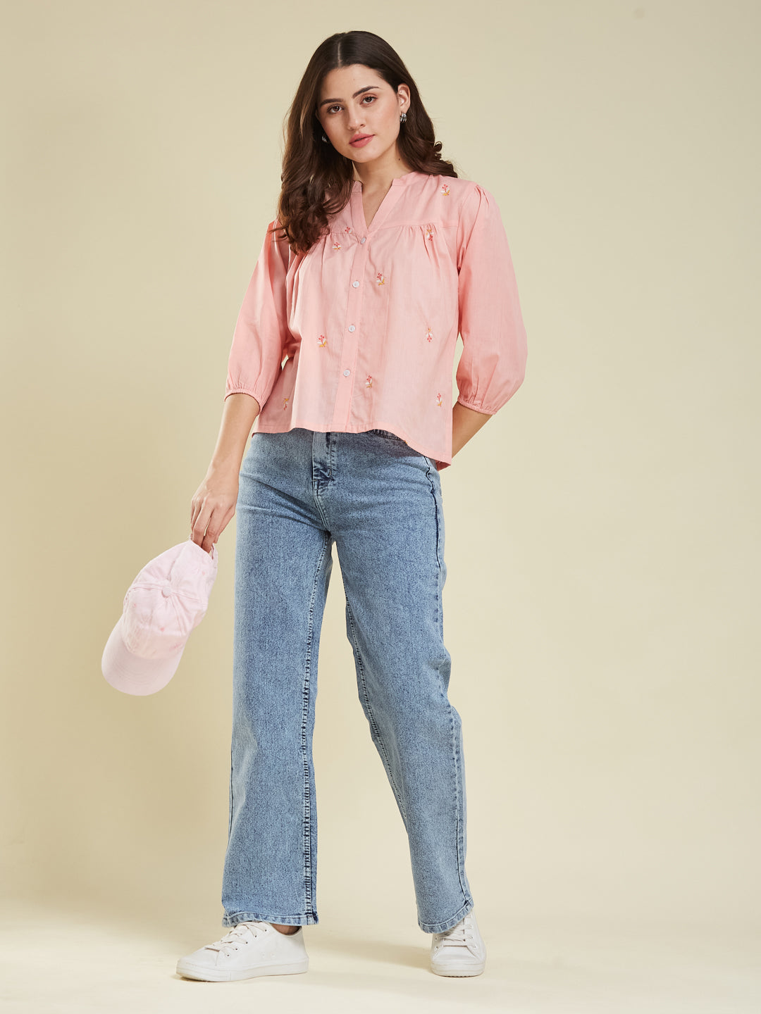 Pink Casual Cotton Shirt with Elegant Embroidery for women