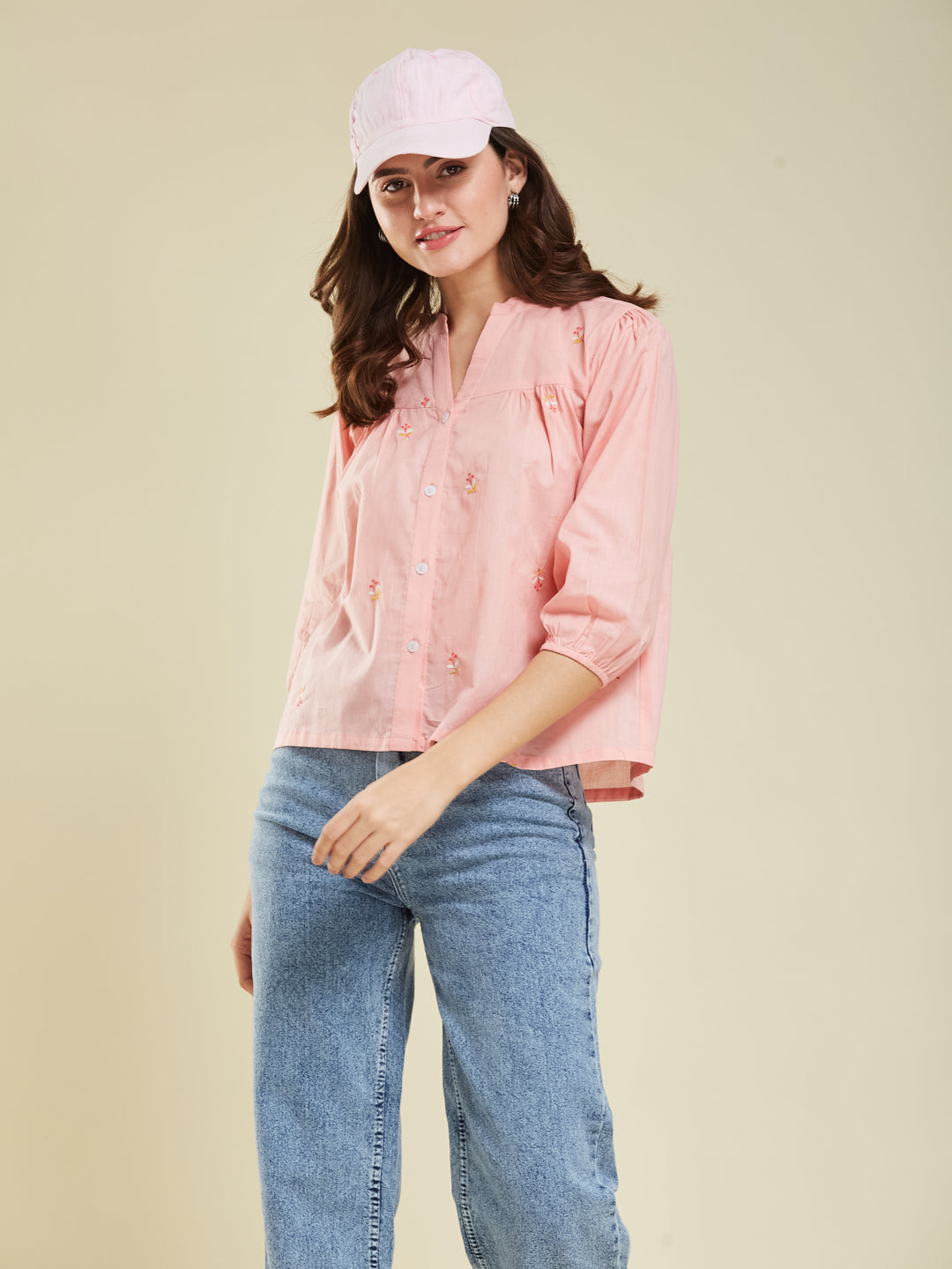 Pink Casual Cotton Shirt with Elegant Embroidery for women