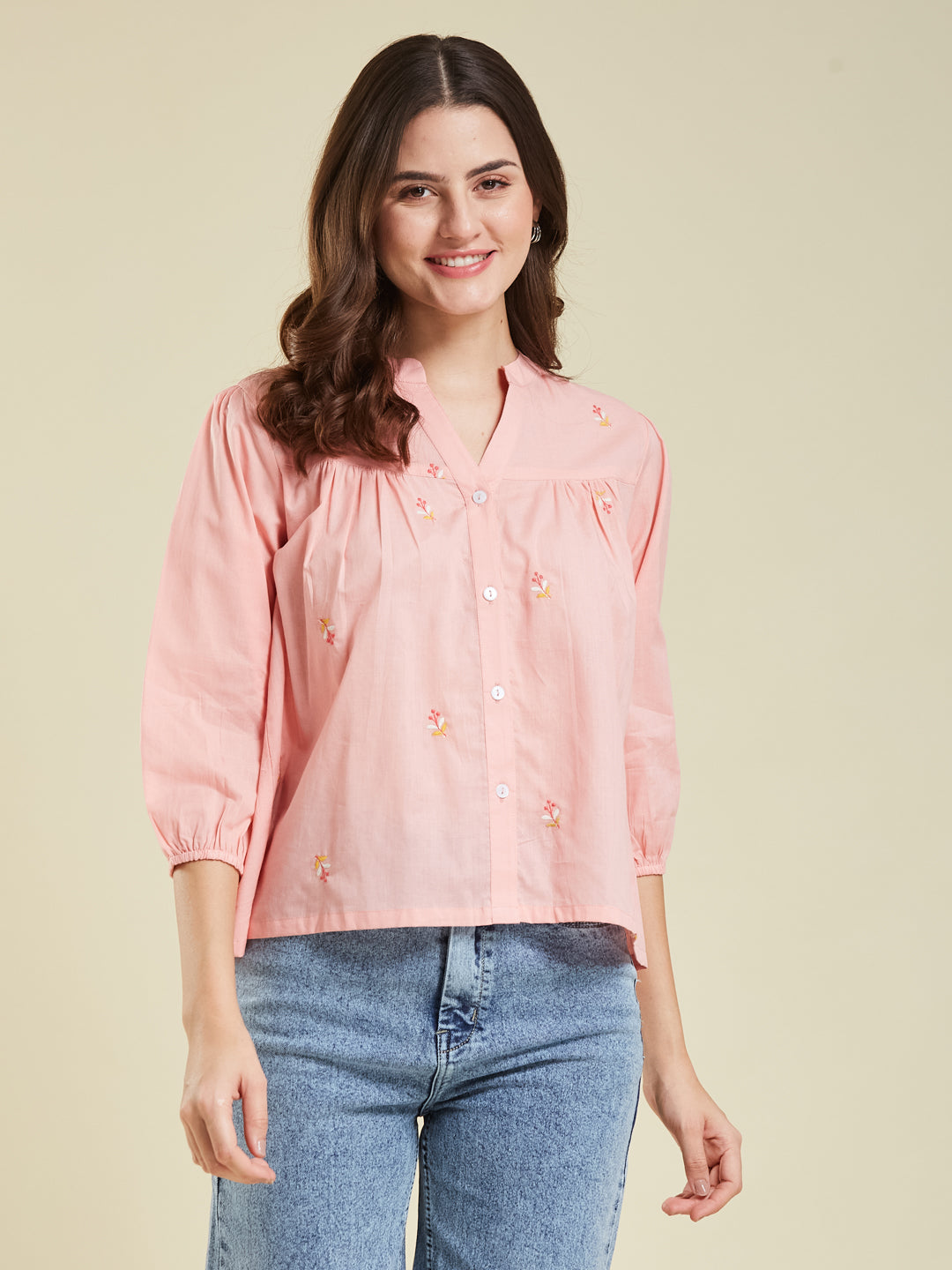 Pink Casual Cotton Shirt with Elegant Embroidery for women