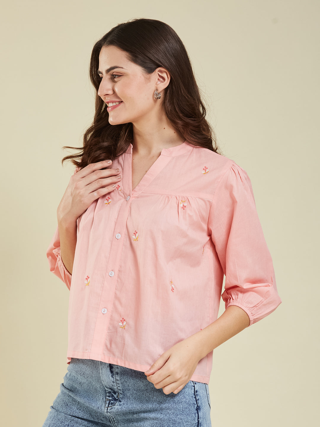 Pink Casual Cotton Shirt with Elegant Embroidery for women