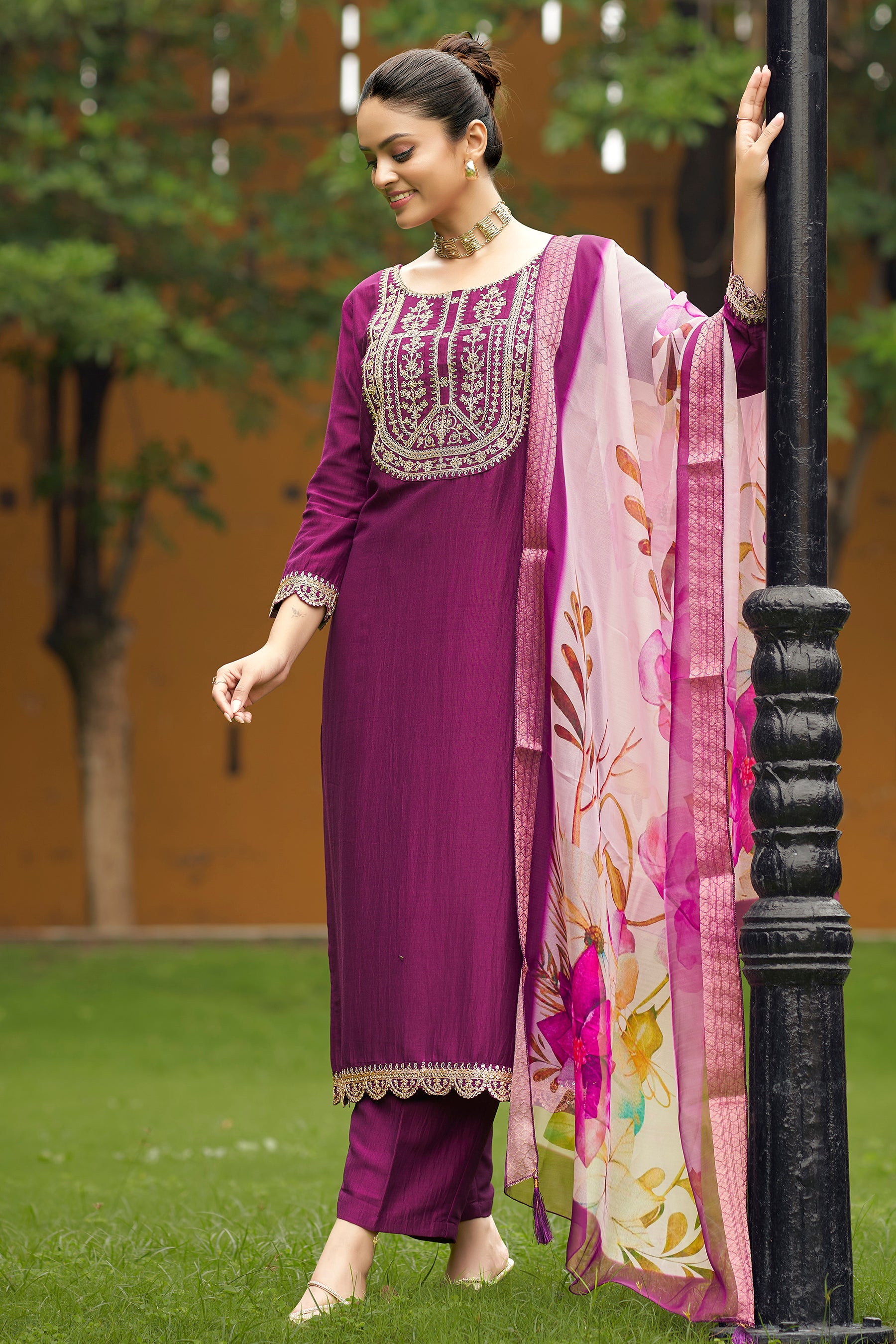 Wine Self Design Chinon Straight Kurta With Printed Dupatta