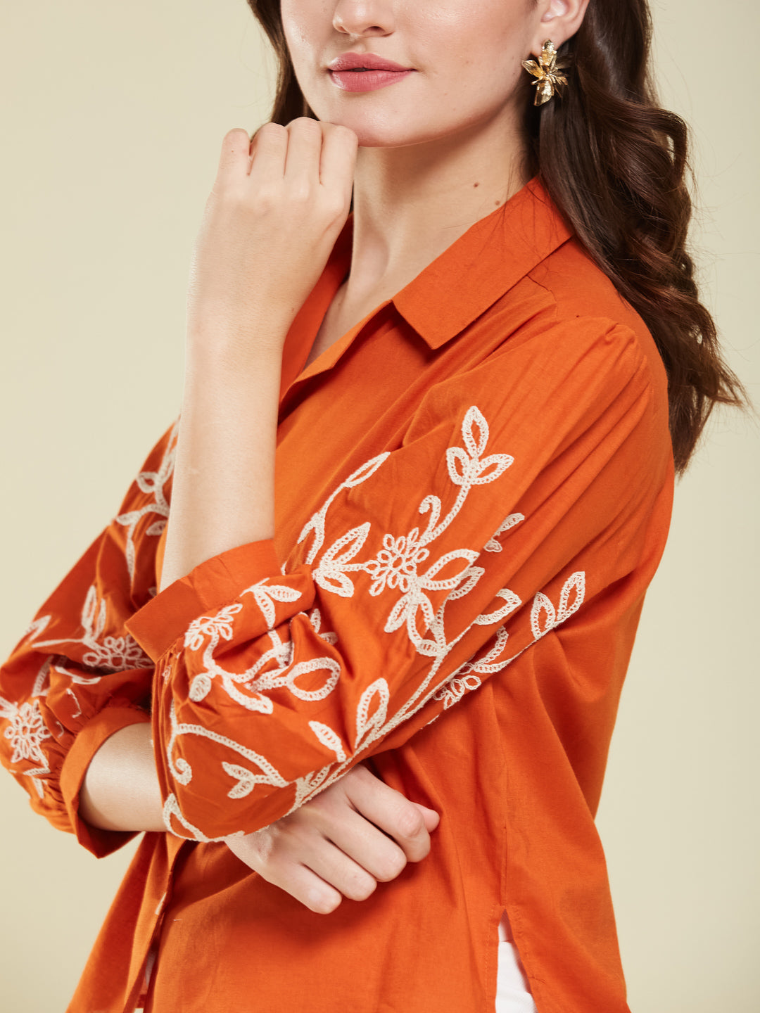 Orange Cotton Embroidered Shirt for Women