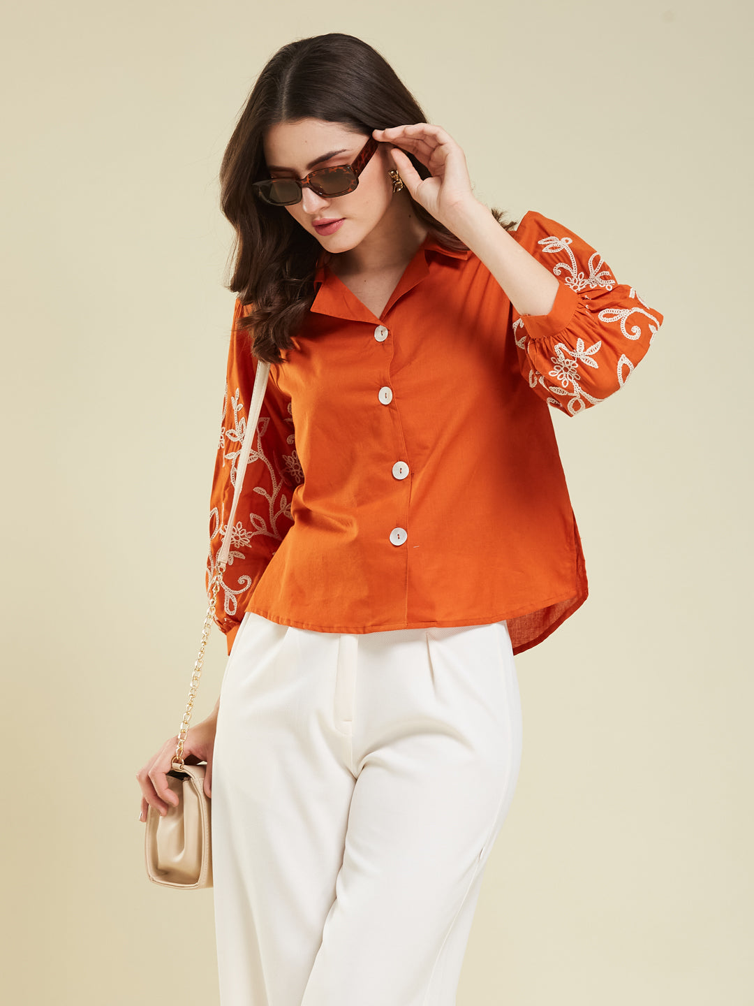Orange Cotton Embroidered Shirt for Women