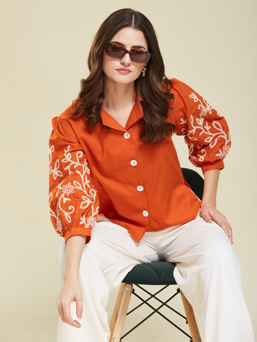 Orange Cotton Embroidered Shirt for Women