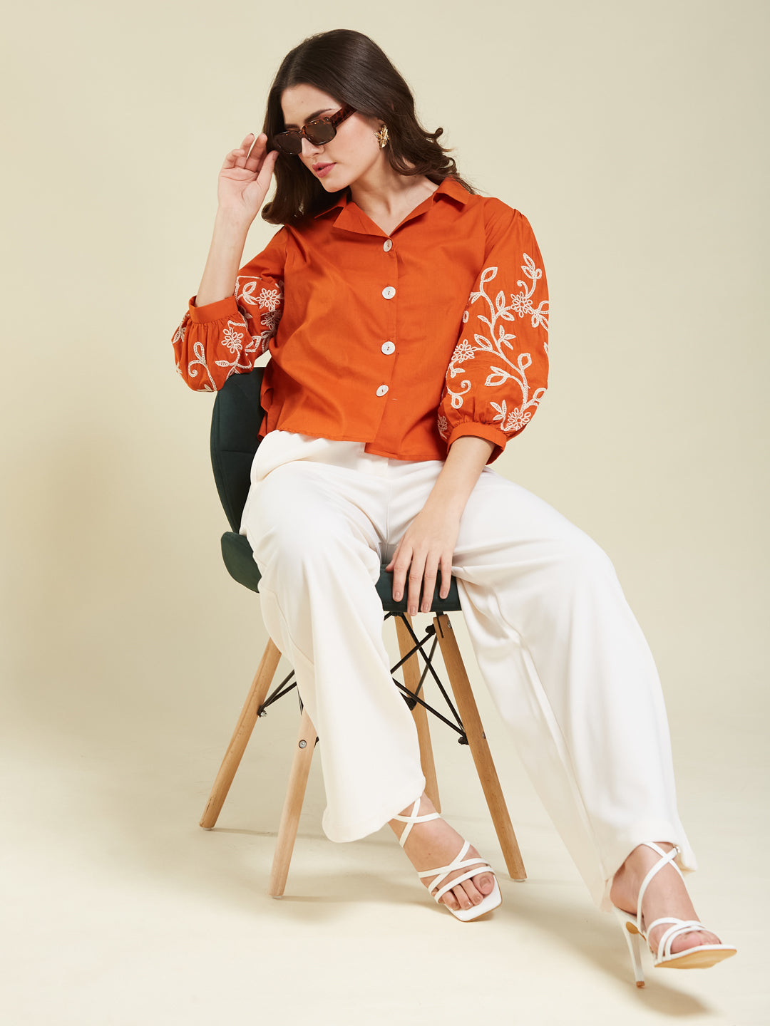 Orange Cotton Embroidered Shirt for Women